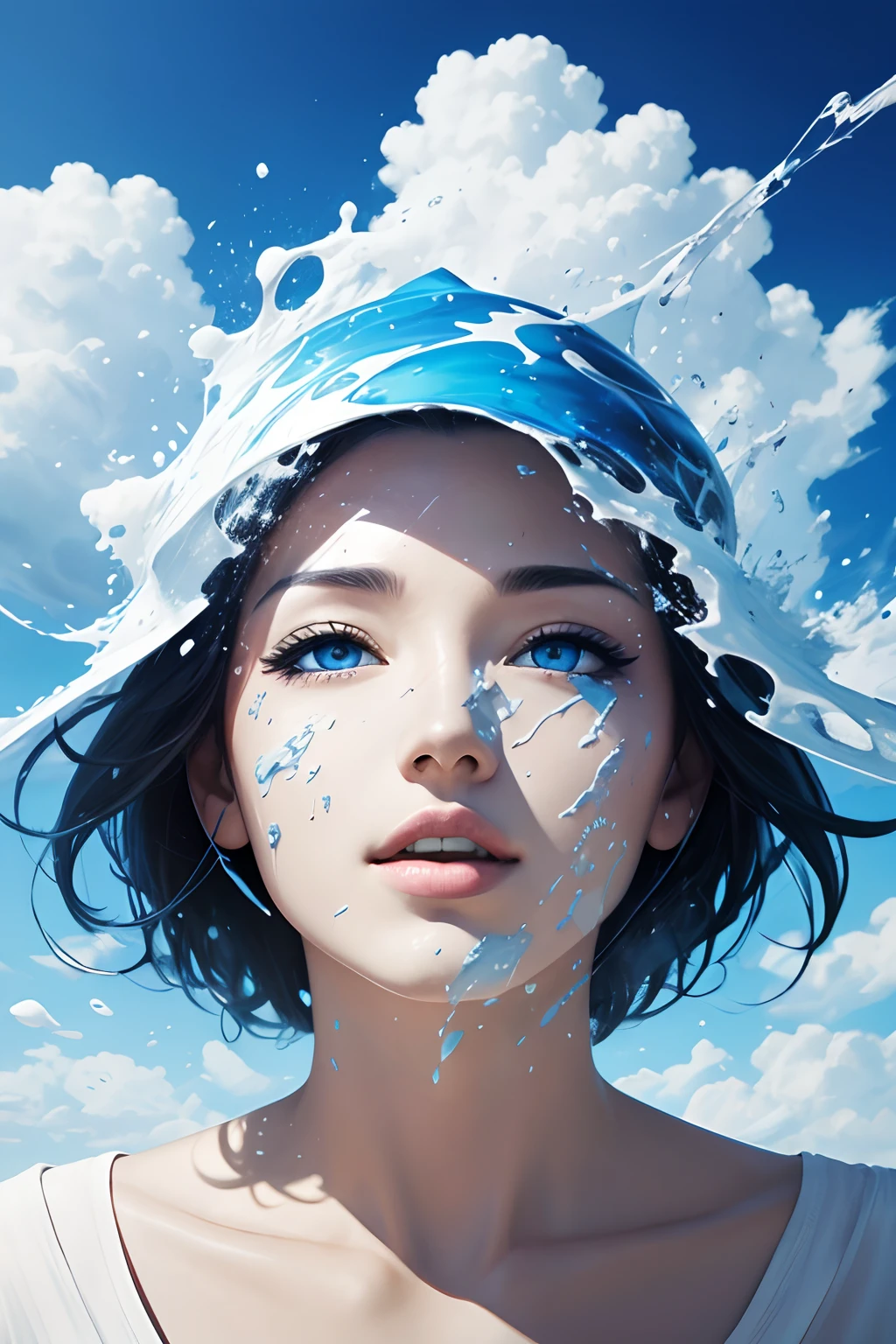 abstract face in the blue sky, a photorealistic painting, white clouds, epic splash art, abstract