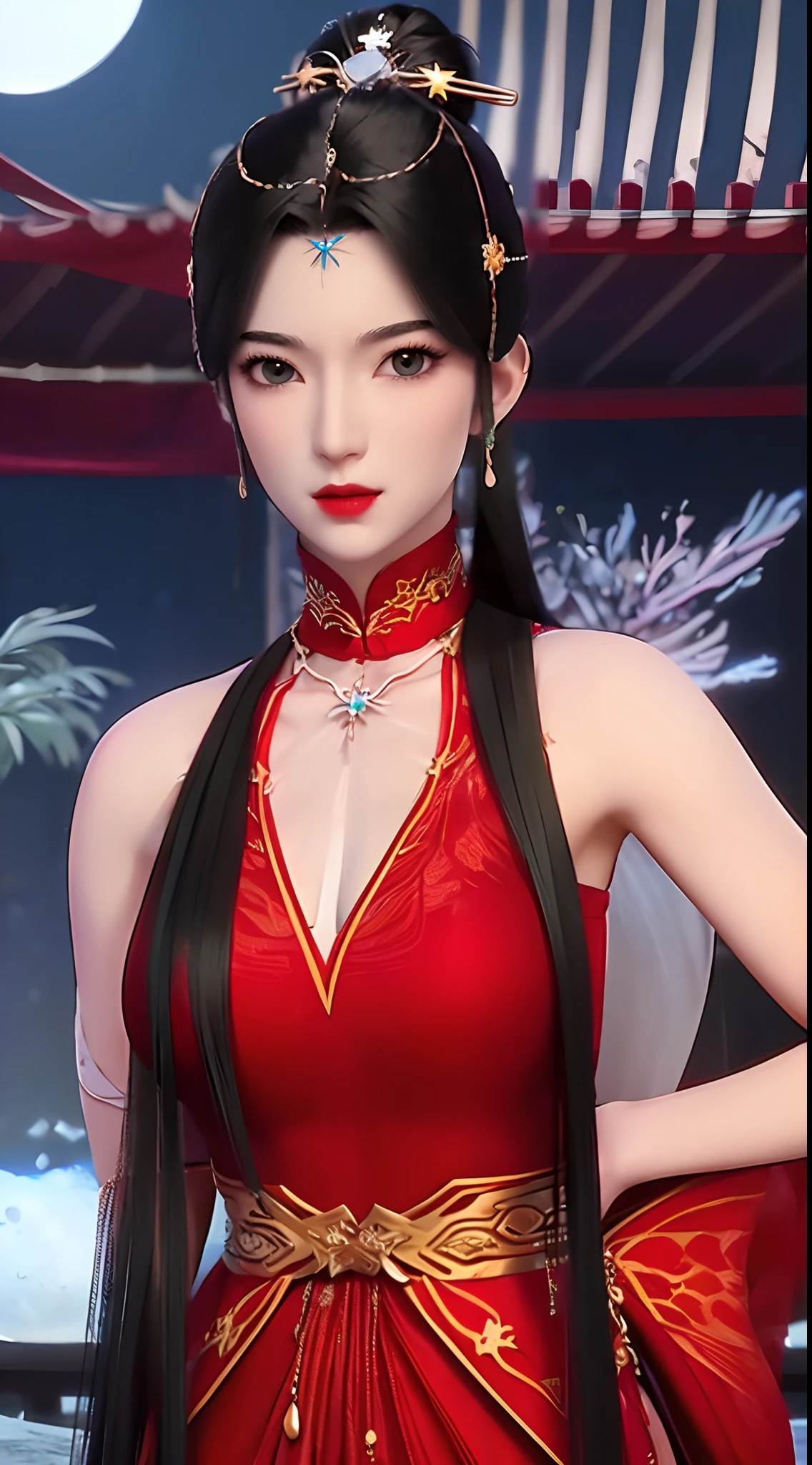 1 beautiful and sexy 20 year old girl, ((wearing a super red dress:1.6)), a dress with diamonds, ((long black hair:1.6)), jewelry elaborately made from precious stones and beautiful hair, ((wearing a 24k gold lace necklace:1.4))), ((A thin red silk scarf covers half of the face:1.5)), the noble, noble style of an extremely beautiful girl, her small face is super cute, her face is very pretty, thin eyebrows, flawless beautiful face, ((black eye pupils: 0.8)), very beautiful eyes, ((platinum blue eyes: 1.6)), (((big round eyes:1.6))), nice makeup and hair detailed eyelashes, steamy eye makeup, high nose, earrings, red lips, ((closed mouth: 1.5)) beautiful lips, slim hands, most beautiful thighs, ((arms spread out to the sides: 1.5)), rosy face, clean face, flawless beautiful face, smooth white skin, (big breasts: 1.5)), ((high breasts: 1.6)), tight breasts, beautiful cleavage, (((big breasts and super round: 1.8))), ((super tight breasts: 1.7)) , beautiful breasts, perfect body, back arms, chest out, thin black mesh stockings with black lace trim, 8k photo, super high quality, super realistic, super 10x pixels, optical, bright studio, bright edges, dual-tone lighting, (high-detail skin:1.2), super 8k, soft lighting, high quality, volumetric lighting, photorealistic, photorealistic high resolution, lighting, best photo, 4k, 8k quality, blur effect, smooth sharp, 10 x pixel, ((sea and moonlight at night background:1.5)), aurora, lightning, super graphics realistic, most realistic graphics, 1 girl, alone, solo, Extremely sharp image, surreal, (((frontal portrait: 1)))."