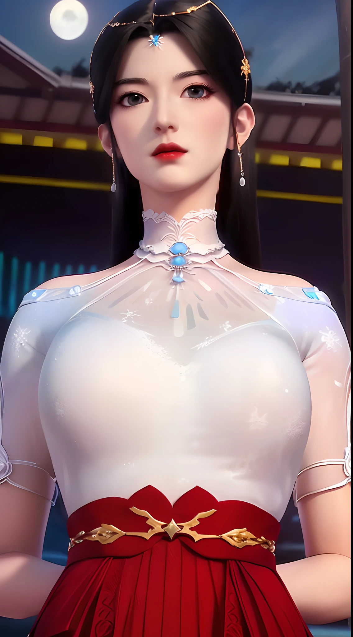 1 beautiful and sexy 20 year old girl, ((wearing a super red dress:1.6)), a dress with diamonds, ((long black hair:1.6)), jewelry elaborately made from precious stones and beautiful hair, ((wearing a 24k gold lace necklace:1.4))), ((A thin red silk scarf covers half of the face:1.5)), the noble, noble style of an extremely beautiful girl, her small face is super cute, her face is very pretty, thin eyebrows, flawless beautiful face, ((black eye pupils: 0.8)), very beautiful eyes, ((platinum blue eyes: 1.6)), (((big round eyes:1.6))), nice makeup and hair detailed eyelashes, steamy eye makeup, high nose, earrings, red lips, ((closed mouth: 1.5)) beautiful lips, slim hands, most beautiful thighs, ((arms spread out to the sides: 1.5)), rosy face, clean face, flawless beautiful face, smooth white skin, (big breasts: 1.5)), ((high breasts: 1.6)), tight breasts, beautiful cleavage, (((big breasts and super round: 1.8))), ((super tight breasts: 1.7)) , beautiful breasts, perfect body, back arms, chest out, thin black mesh stockings with black lace trim, 8k photo, super high quality, super realistic, super 10x pixels, optical, bright studio, bright edges, dual-tone lighting, (high-detail skin:1.2), super 8k, soft lighting, high quality, volumetric lighting, photorealistic, photorealistic high resolution, lighting, best photo, 4k, 8k quality, blur effect, smooth sharp, 10 x pixel, ((sea and moonlight at night background:1.5)), aurora, lightning, super graphics realistic, most realistic graphics, 1 girl, alone, solo, Extremely sharp image, surreal, (((frontal portrait: 1)))."