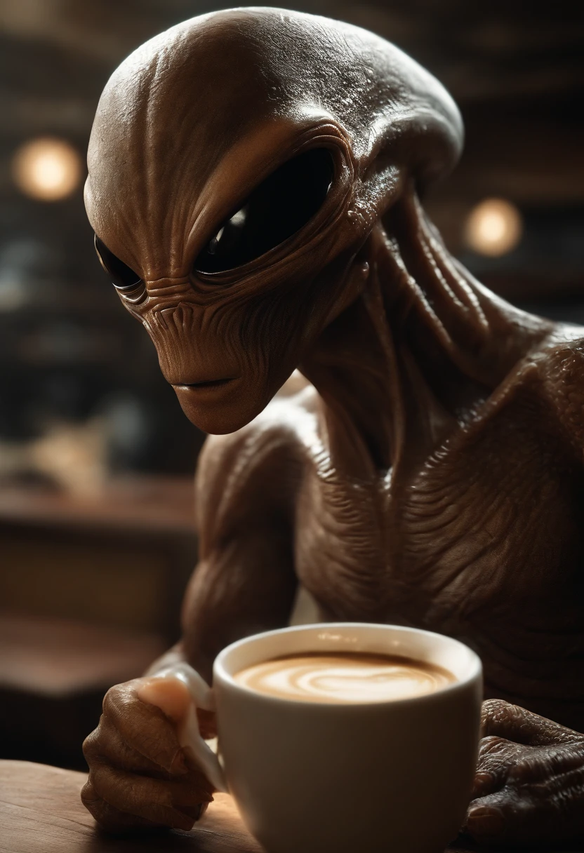 An alien creature with a flattened head, 2 ojos negros grandes, drinking coffee with another alien of his kind , eating pink doughnuts, [illustration] durante (La mejor calidad,4k,8k,altas,Pieza maestra:1.2), Ultra detallado, (realista,fotorrealista,fotorrealista:1.37), HDR, UHD, Studio lighting, extreme detail description, profesional, vivid colors, Bokeh, [Artista conceptual], [Science fiction], [retrato], [Paisaje].