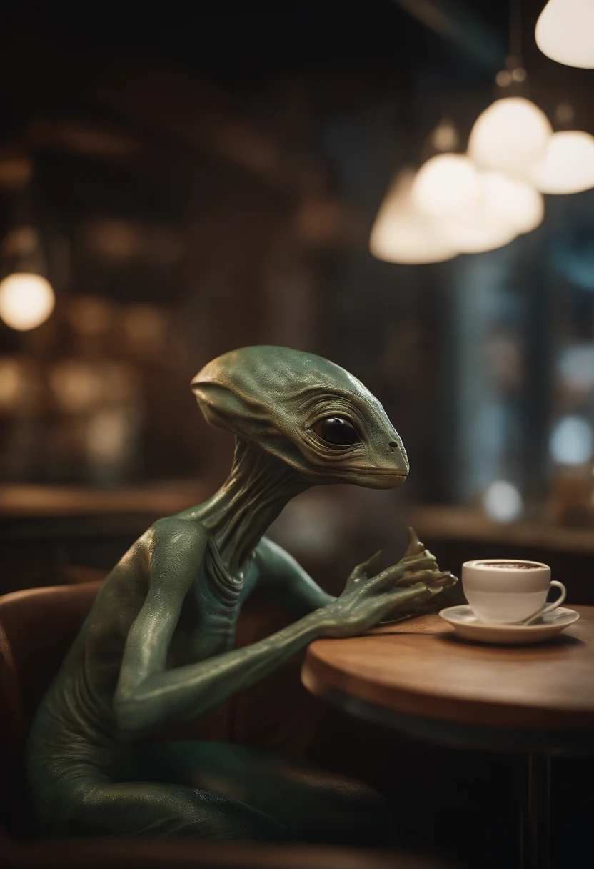 An alien creature with a flattened head, 2 ojos negros grandes, Sipping coffee in a bar with several human persons  [插圖]  durante (La mejor calidad,4k,8k,altas,pieza maestra:1.2), ultra detallado, (realista,fotorrealista,fotorrealista:1.37), HDR, UHD, Studio lighting, extreme detail description, profesional, vivid colors, Bokeh, [artista conceptual], [Science-Fiction], [retrato], [paisaje].