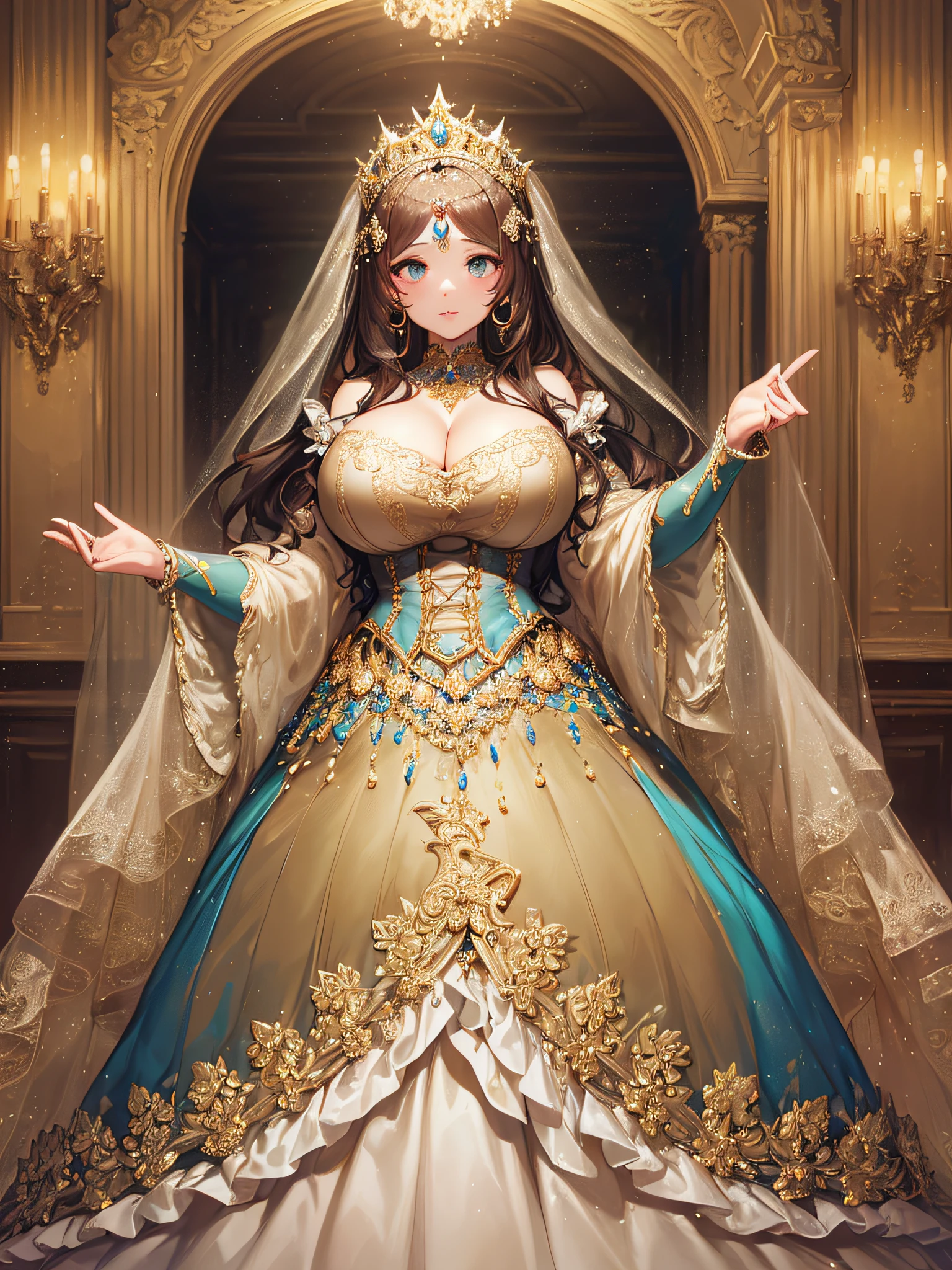 (anime artstyle),((Masterpiece,Best Quality,Super Detail,Very Delicate and Beautiful)),Solo,((full body,standing picture)),standing in the sacred cathedral,((Sacred atmosphere)),((1 Holy High Priestess in beautiful embroidery and jeweled gorgeous rococo princess ballgown dress with voluminous full length hoop skirt)),(crinoline),gorgeousfull embroidery,(gorgeous gemstone jewelry),(detailed face and eyes),jewel-like eyes,smile,((large amount of straight hair,extremely Long voluminous Hair)),Sacred Veil,((gigantic tits,Long tits,skindentation)),gorgeousfull embroidery,cleavage,extremely gorgeousfull hair ornament,(bling-bling extremely gorgeousfull jeweled tiara),gorgeous corsage,Stained glass,(Dynamic Angle),Looking at viewer,((full body)),((beautiful embroidery and jeweled gorgeous rococo princess ballgown dress with voluminous full length hoop skirt))