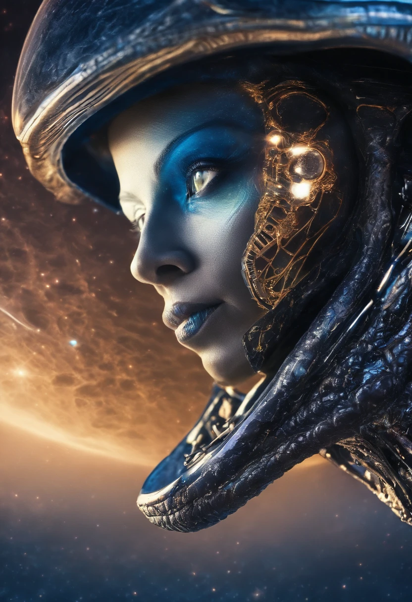fotografia humanoide, olhos grandes, pele azul brilhante, oval head, star shining behind