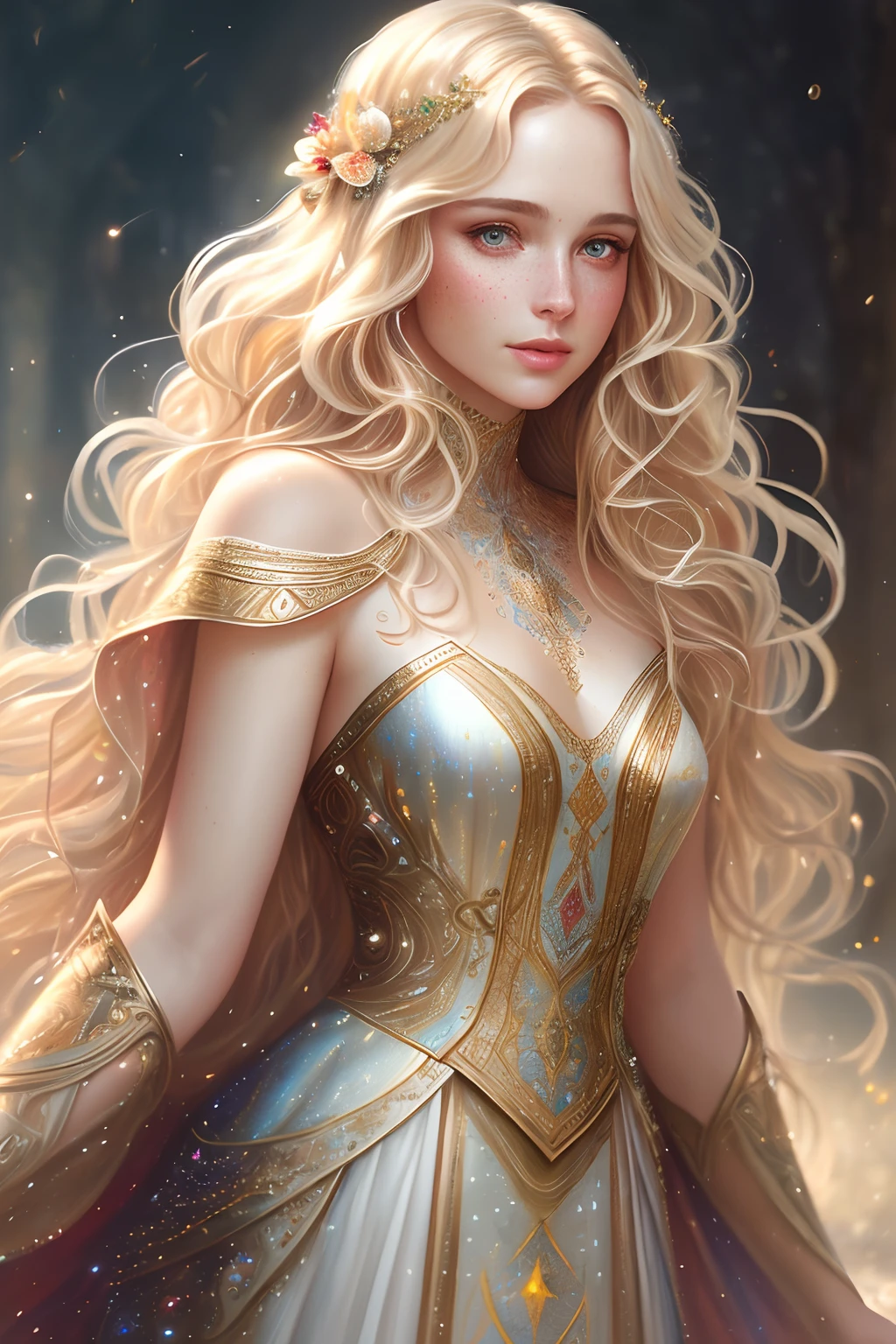 (((realistic painting))), (full body: 1.6), (amazing glamour)) woman at renaissance festival, ((perfectly feminine face)), (+blonde wavy long hair), (+sparkle Glowing freckles), (glitter), in flowing dress, intricate, 8k, highly detailed, volumetric lighting, digital painting, intense, sharp focus, (artgerm and rutkowski and alphonse mucha)), (cloth simulation) , (wind), cgsociety, good anatomy, great lighting, subsurface scattering, award winning, masterpiece, (perfect skin textures)), ((realistic)), (style-sylvamagic: 0.6)