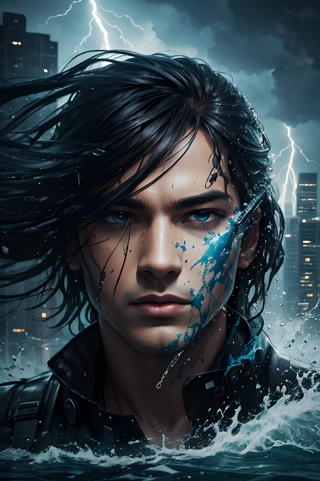 abstract face in a city landscape, a photorealistic painting, Thunder and Water, epic splash art, abstract