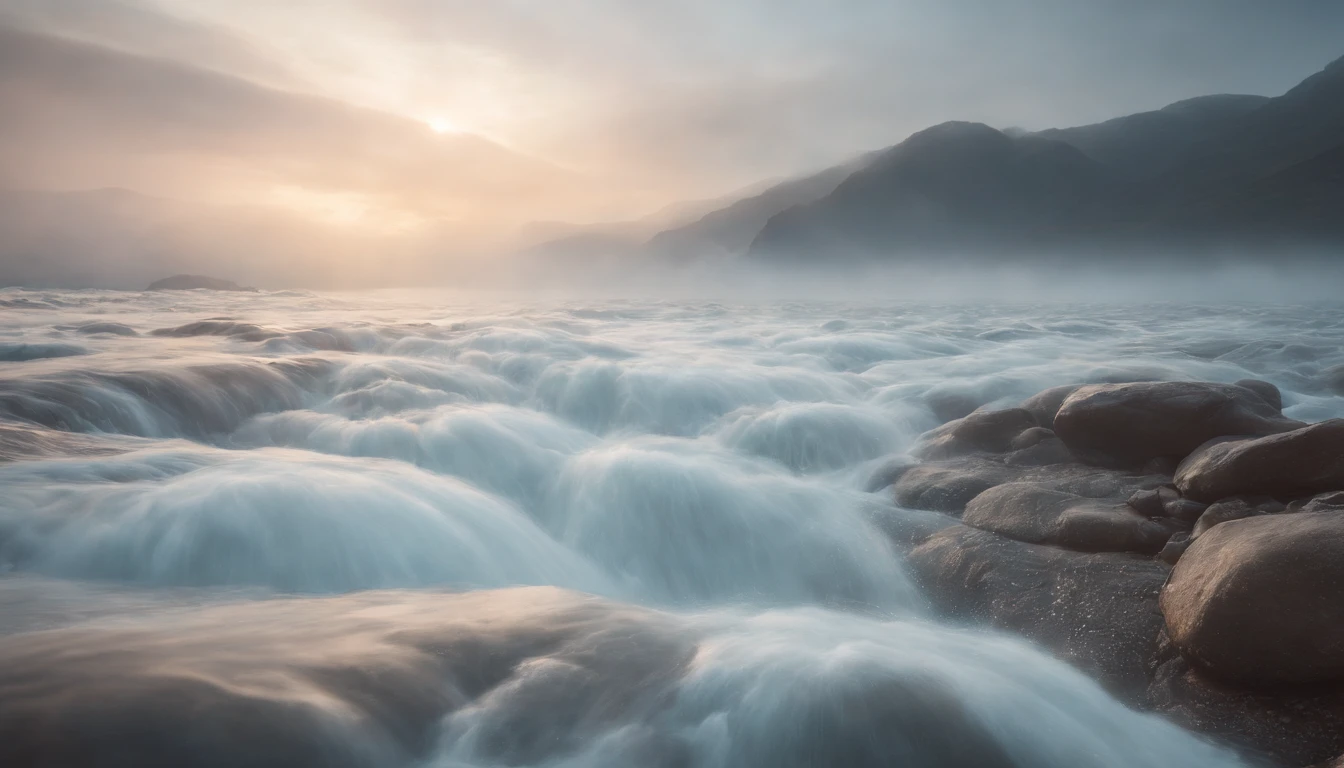 Create an image that shows the spectacle of the creation of the firmament, with waters splitting and the sky emerging.