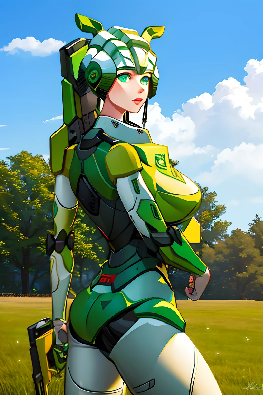 Masterpiece realistic, green female robot, sexy,deer logo, tractor