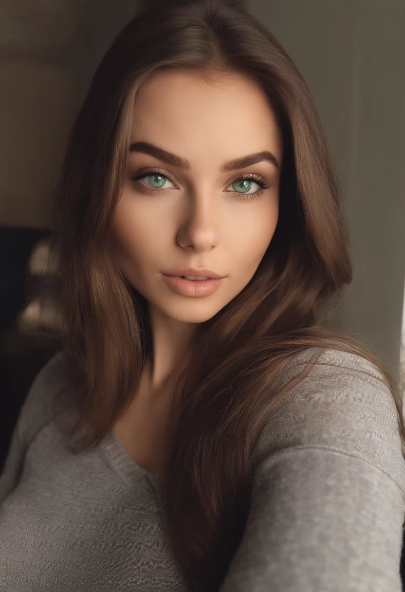 arafed woman with large breasts, sexy girl with green eyes, portrait sophie mudd, brown hair and large eyes, selfie of a young woman, bedroom eyes, violet myers, without makeup, natural makeup, looking directly at the camera, face with artgram, subtle makeup, piercing green eyes, cute girl, brunette goddess, high detail