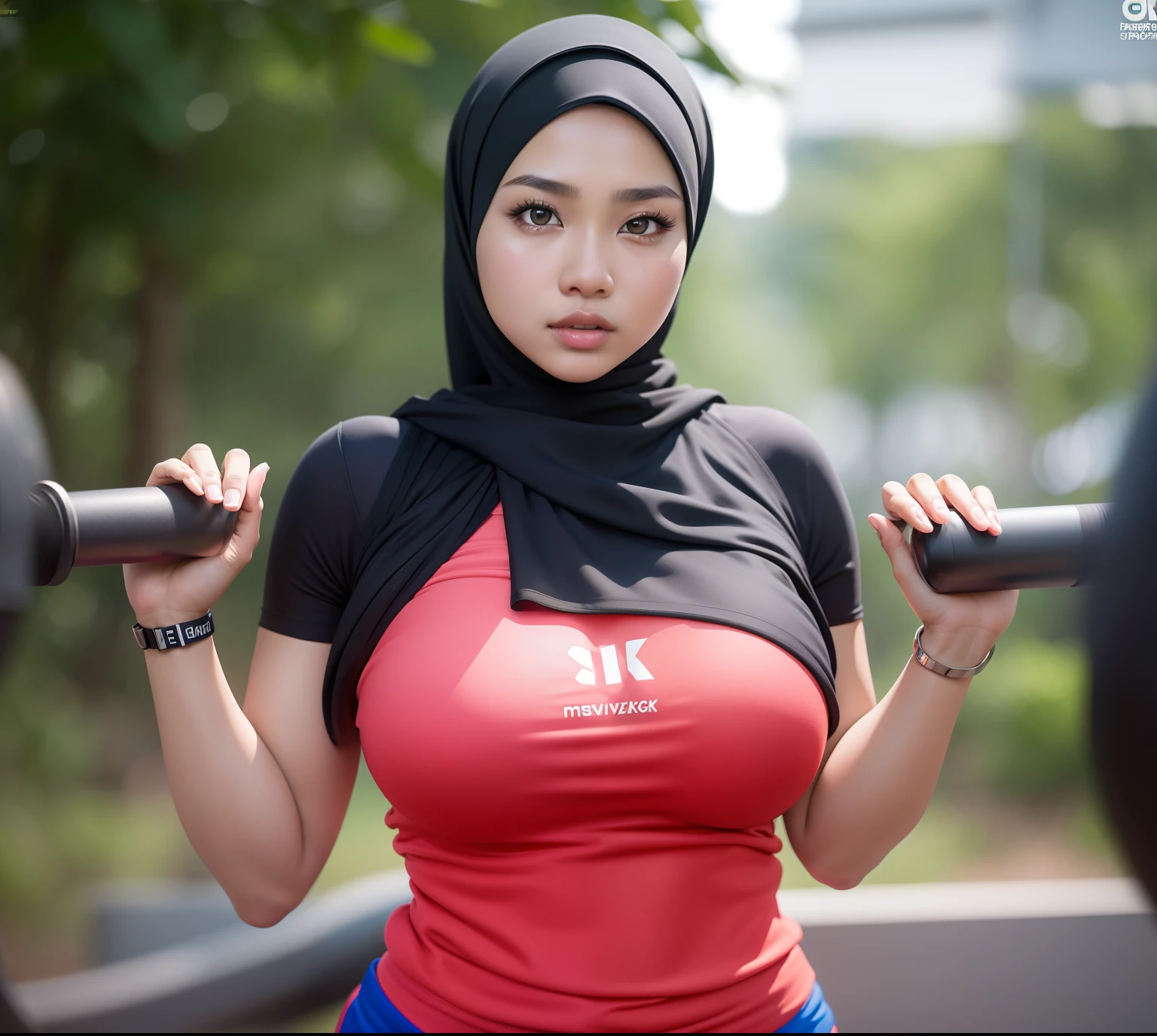 42 years Old, Sugar Mama, Beauty Hijab Indonesian MILF, (Sensual Lips), (wet Tanlined Skin), (Droopiest Massive Large Tits : 1.5), Lingerie, Polish Nail and face, Full body, Breast about To burst out, Realistic Detailed Perfect abs, at Gym Place, Dark light, at Day time