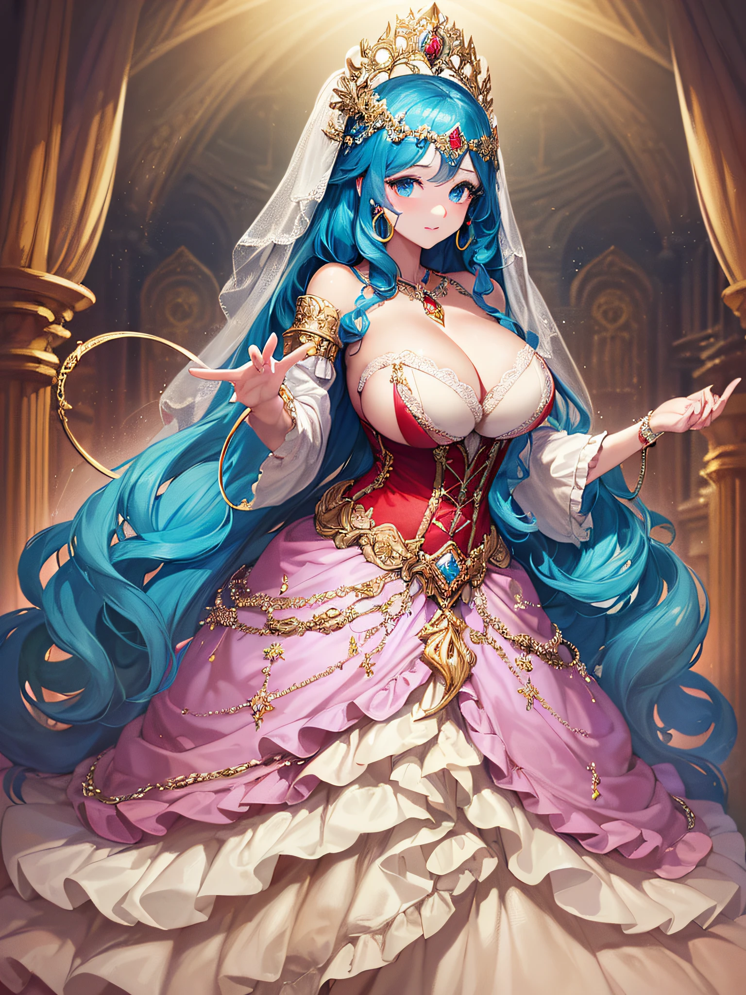 (masterpiece, best quality,extremely detailed:1.1),(moe anime art style:1.3),1 glamorous girl,((full body portrait)),standing in palace of versailles,((solo)),cute,kawaii,digital art,(((1 glamorous princess wearing gorgeous princess rococo ballgown with voluminous full length hoop skirt))),((crinoline)),long train,((beautiful embroidery and jeweled)),voluminous frills,See-through,(gorgeous embroidery and beautiful lace),(((gigantic tits,skindentation,cleavage))),(((very long hair,very long straight hair))),((finely detailed face and eyes)),clear pupil,extremely gorgeousfull hair ornament,(bling-bling jeweled extremely gorgeousfull tiara),(bling-bling gorgeous gemstone jewelry),long veil,(beautiful background),full body,((gorgeous princess rococo ballgown with voluminous full length hoop skirt))
