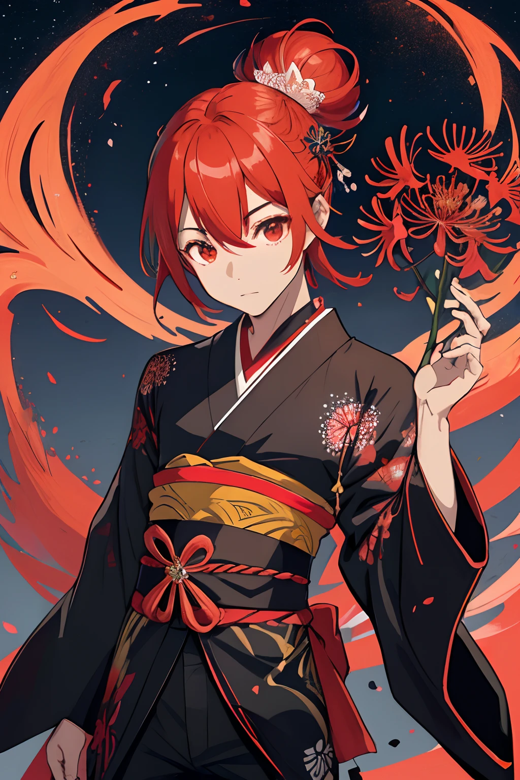alta calidad, 8k, Blade de Honkai Star rail, 1 hombre, fondo bonito, Brillante, fondo de flores higanbana japonesas, Traditional Japanese style, tumbas, nocturno, fondo negro, personaje Blade del videojuego Honkai Star Rail, foto hombre pelo negro chico guapo, primer plano, busto cuadro, flores lirio de la muerte, Red spider lily, flores rojas, hombre, chico joven, tallo fino flores, luces rojas