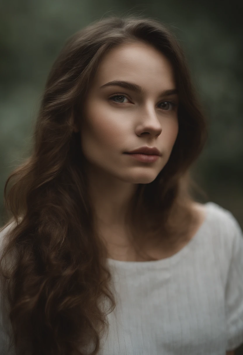 fille 18 ans pale skin , maigre, Wave brune hair, yeux bleus, Selfie face, midlong hair