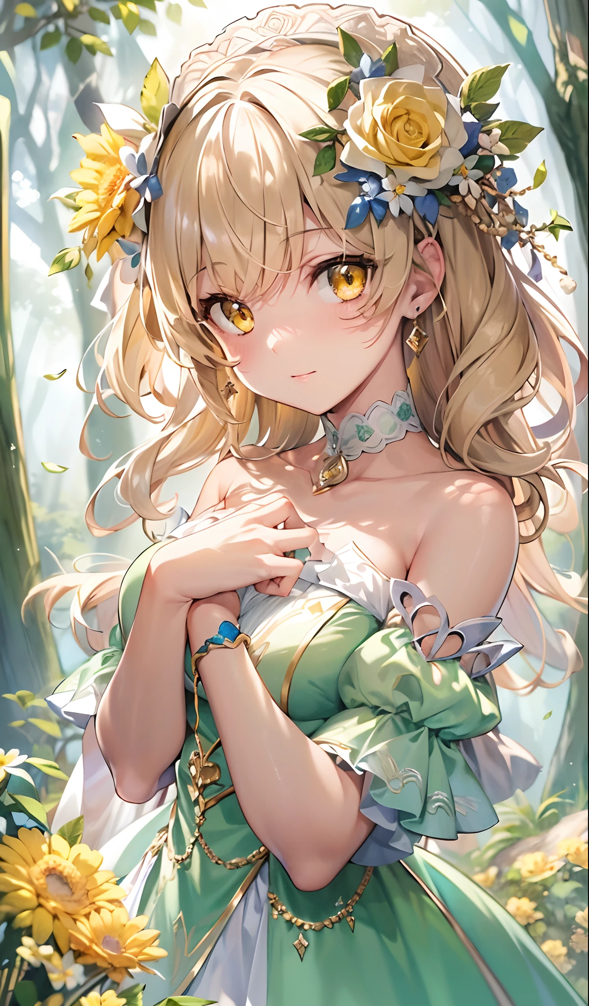 (Full Body), 1girl, solo, flower, hair flower, hair ornament, long hair, blonde hair, looking at viewer, bare shoulders, yellow eyes, breasts, upper body, detached sleeves, closed mouth, wide sleeves, long sleeves, bangs, from side, dress, yellow flower, sky, choker, medium breasts, looking to the side, jewelry, earrings, hand up, day, full body, Masterpiece* High Quality*High Resolution *Detailed 8K CG Wallpaper*8K Wallpape*HDR*Forest* Diamond And Glaring Eyes *Beautiful Detailed Eyes* Glowing Big Eyes*Cute Face*Anime Face* ((best quality)), ((masterpiece)), ((ultra-detailed)). (illustration), (detailed light). (an extremely delicate and beautiful), a girl, cute face, Cute Face (World Masterpiece Theater:1.6)*High Quality Masterpiece*High Resolution Sharpen HDR Colorful Artbook (Art Of Light Novel:1.1)*Illustration 8K Wallpape*Detailed 8K CG Wallpaper*Full- Body Moonlight Cinema Light Ray Tracing Realistic Shadows*Best Shadow Beautiful Deatailed Shadow