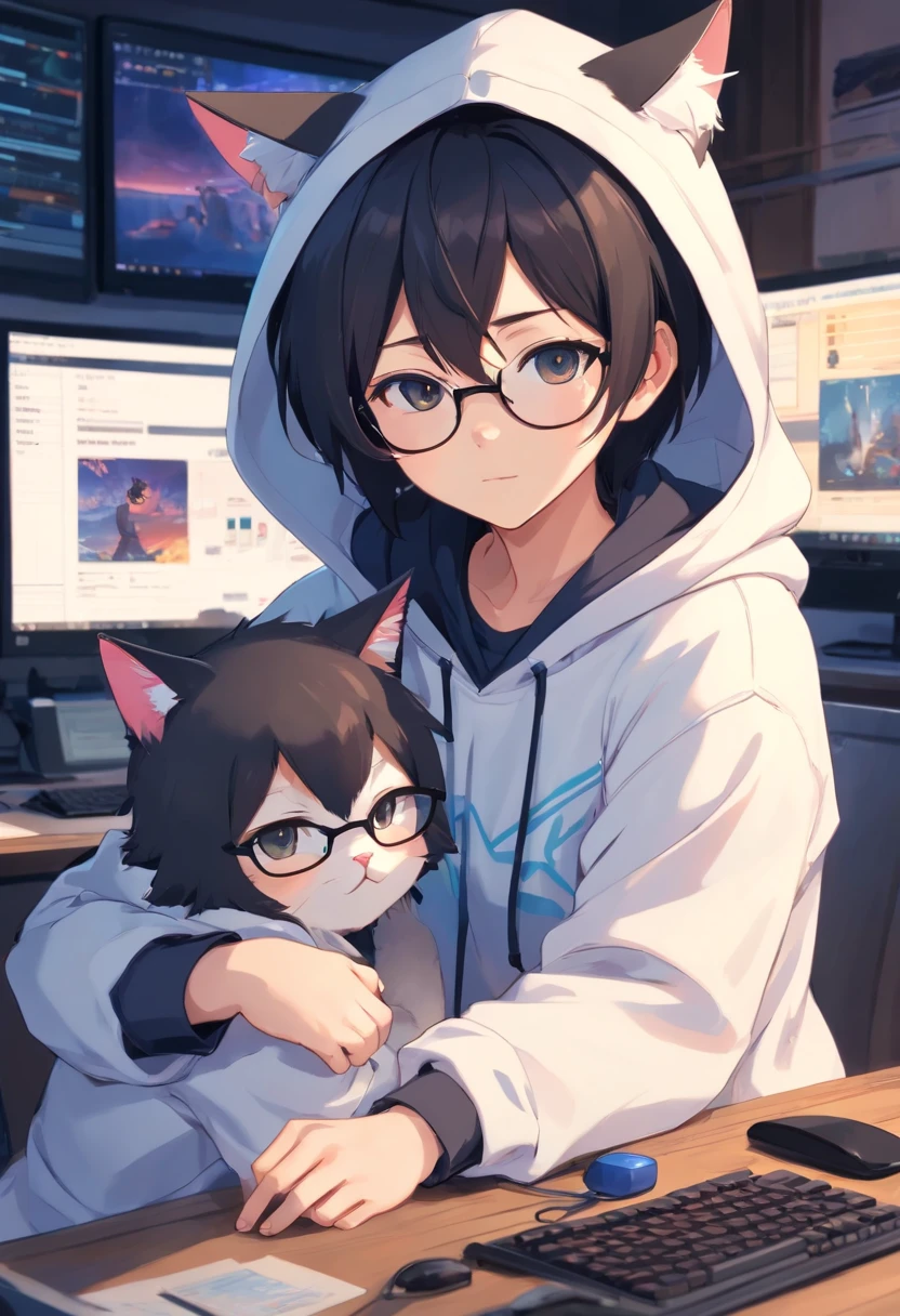Cat-eared boys，with fair skin，black-frame glasses，Hooded sweatshirt，Hold the white rabbit in your arms，Sit in front of the computer and play games