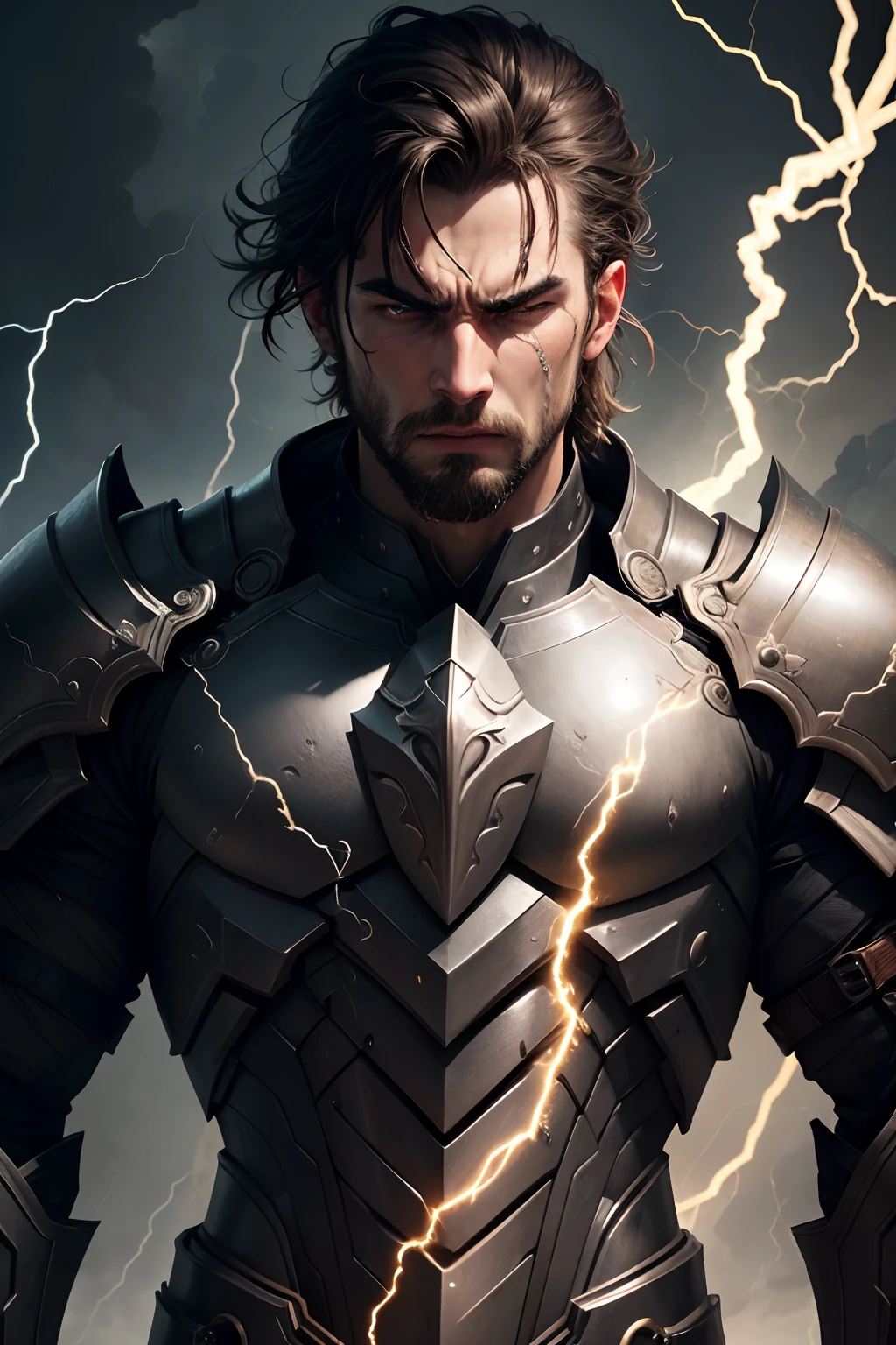Masterpiece, best quality, nitid, ultra detailed, man's face with lightning and thunder, anger, wrath, supreme god, smooth black armor