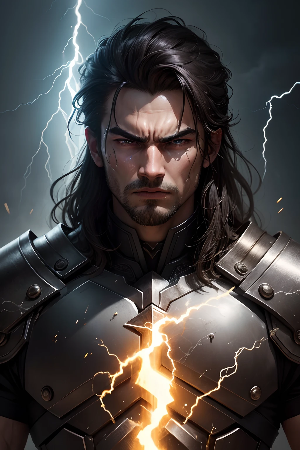 Masterpiece, best quality, nitid, ultra detailed, man's face with lightning and thunder, anger, wrath, supreme god, smooth black armor