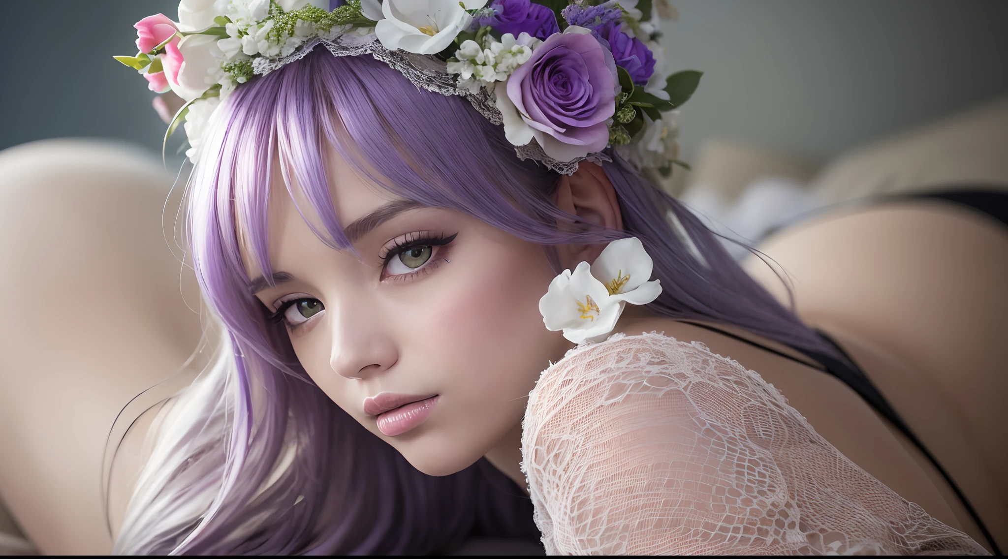 A girl with lavender hair is laying seductively on a blue bed, dressed in a black lace dress with a floral pattern. Her beautiful eyes and lips are exquisitely detailed, capturing the viewer's attention. The overall image is of the highest quality, with a resolution of 16k and a touch of velvet texture. The painting has been executed with an ultra-fine technique, resulting in sharp focus and vibrant colors. The lighting is soft, creating a gentle glow that enhances the dream-like atmosphere. The composition evokes a sense of elegance and allure, resembling a portrait of a celebrity adorned with a swan-inspired headdress.