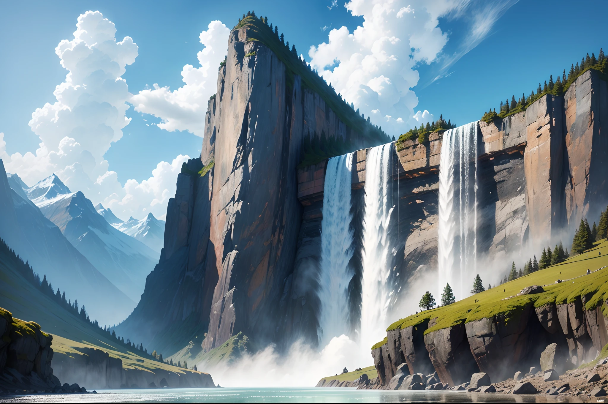 A large waterfall flows down the mountain, the waterfall is impressive, there is a blue sky with fluffy clouds, the light is natural, on a spring day, a very detailed image, the scene conveys a feeling of grandeur, a true work of art ,great quality, award-winning image