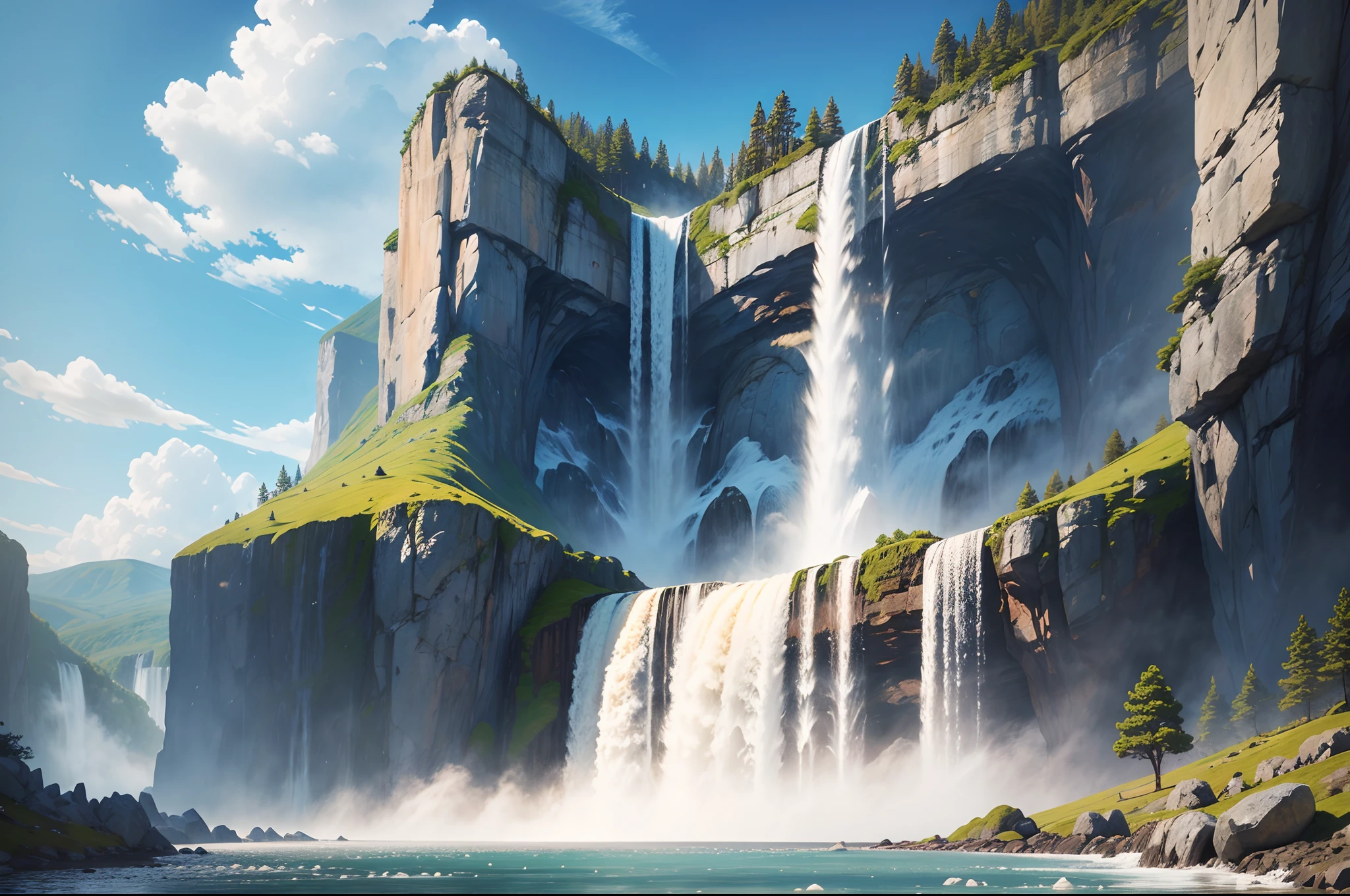 A large waterfall flows down the mountain, the waterfall is impressive, there is a blue sky with fluffy clouds, the light is natural, on a spring day, a very detailed image, the scene conveys a feeling of grandeur, a true work of art ,great quality, award-winning image