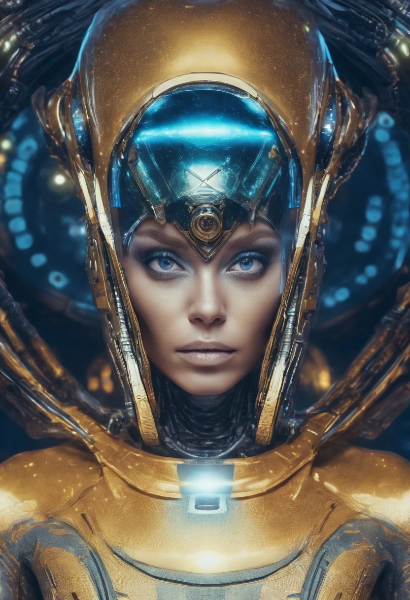 fotografia humanoide, mulher, olhos grandes, pele azul brilhante, oval head, star shining behind