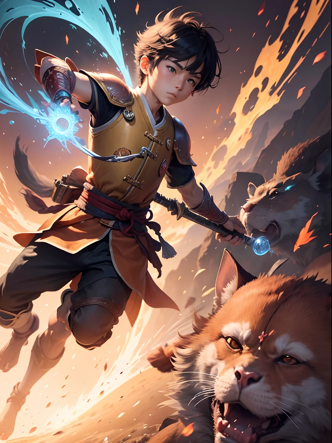 A breathtaking illustration depicting the epic story of Momotaro, the Peach Boy. Showcase Momotaro, a brave young hero in vibrant peach armor, wielding a magical sword. Surround him with loyal animal companions: a fierce dog, a wise monkey and a fearless pheasant. Capture the determination in Momotaro's eyes as he embarks on his quest to defeat the evil demons. The illustration should be filled with vibrant colors, intricate details, and a sense of movement, as if it's frozen in the middle of an action-packed moment.