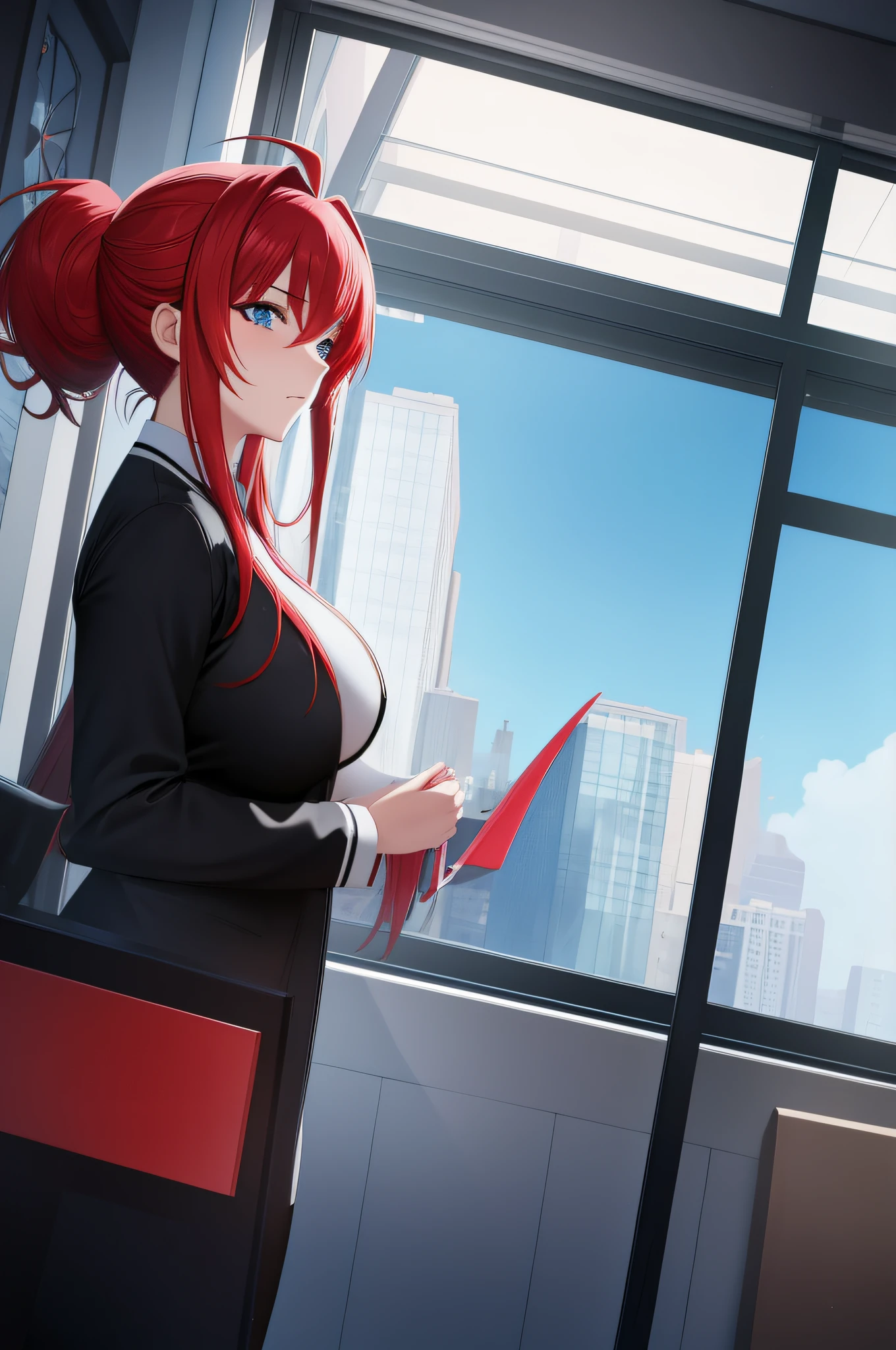 (masterpiece, best quality, detailed),1girl,rias gremory,red hair, ahoge, blue eyes, large breasts , standing in front of a window, smooth anime cg art, digital anime illustration,attractive anime girl, clean detailed anime art,high resolution, (perfect hands, perfect anatomy),