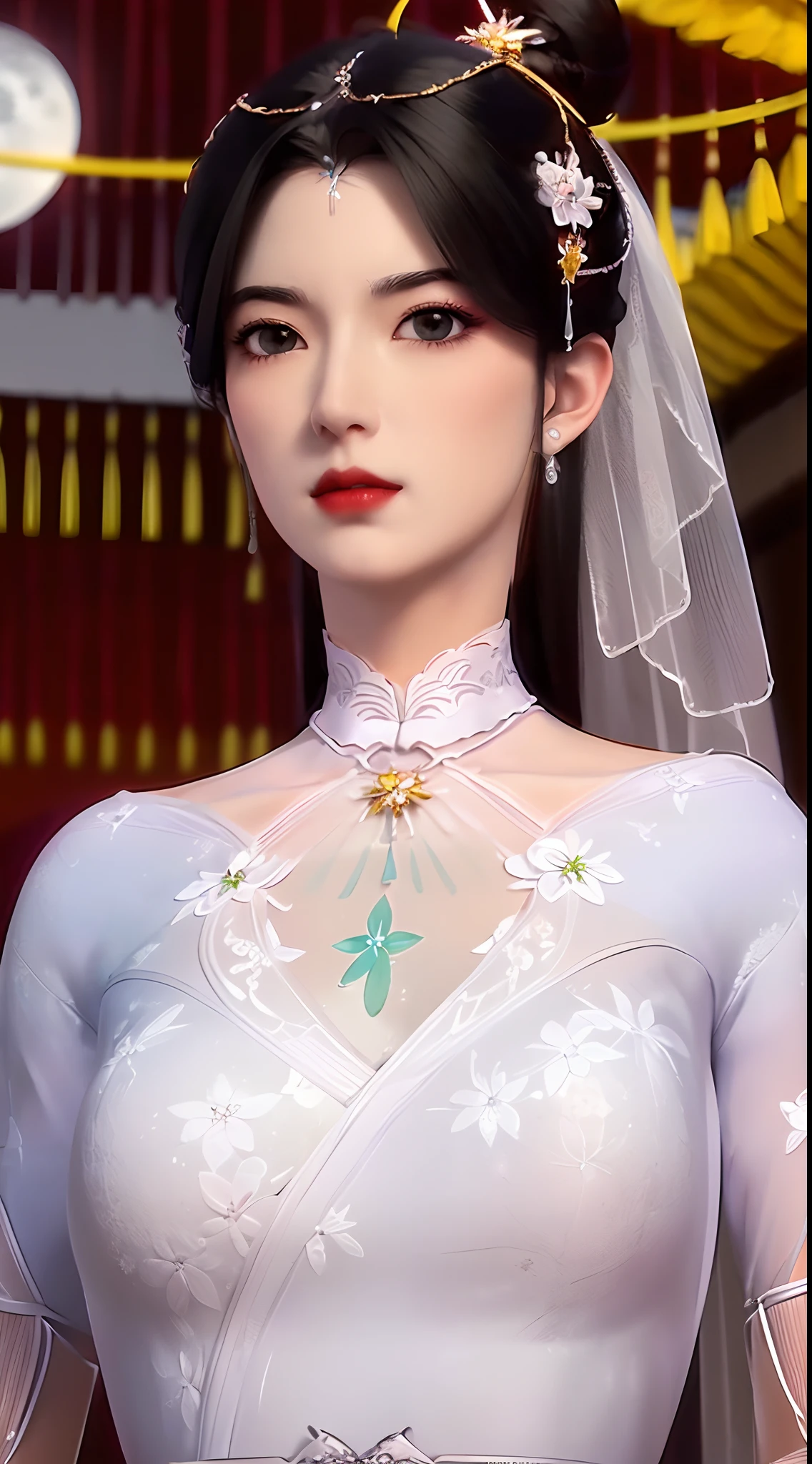 1 extremely beautiful bride, ((wearing a crimson antique wedding dress:1.6)), ((Phoenix motif on wedding dress:1.6)), ((long black hair:1.6)), jewelry elaborately made from precious stones and beautiful hair, ((wearing a 24k gold lace necklace:1.4))), the noble, noble style of an extremely beautiful girl, her small face is super cute, her face is very pretty, thin eyebrows, flawless beautiful face, ((black eye pupils: 0.8)), very beautiful eyes, ((yellow brown eyes: 1.6)), (((big round eyes:1.6))), nice makeup and hair detailed eyelashes, steamy eye makeup, high nose, earrings, red lips, ((closed mouth: 1.5)) beautiful lips, slim hands, most beautiful thighs, ((arms spread out to the sides: 1.5)), rosy face, clean face, flawless beautiful face, smooth white skin, (big breasts: 1.5)), ((high breasts: 1.6)), tight breasts, beautiful cleavage, (((big breasts and super round: 1.8))), ((super tight breasts: 1.7)) , beautiful breasts, perfect body, back arms, chest out, thin black mesh stockings with black lace trim, 8k photo, super high quality, super realistic, super 10x pixels, optical, bright studio, bright edges, dual-tone lighting, (high-detail skin:1.2), super 8k, soft lighting, high quality, volumetric lighting, photorealistic, photorealistic high resolution, lighting, best photo, 4k, 8k quality, blur effect, smooth sharp, 10 x pixel, ((sea and moonlight at night background:1.5)), aurora, lightning, super graphics realistic, most realistic graphics, 1 girl, alone, solo, Extremely sharp image, surreal, (((frontal portrait: 1)))."
