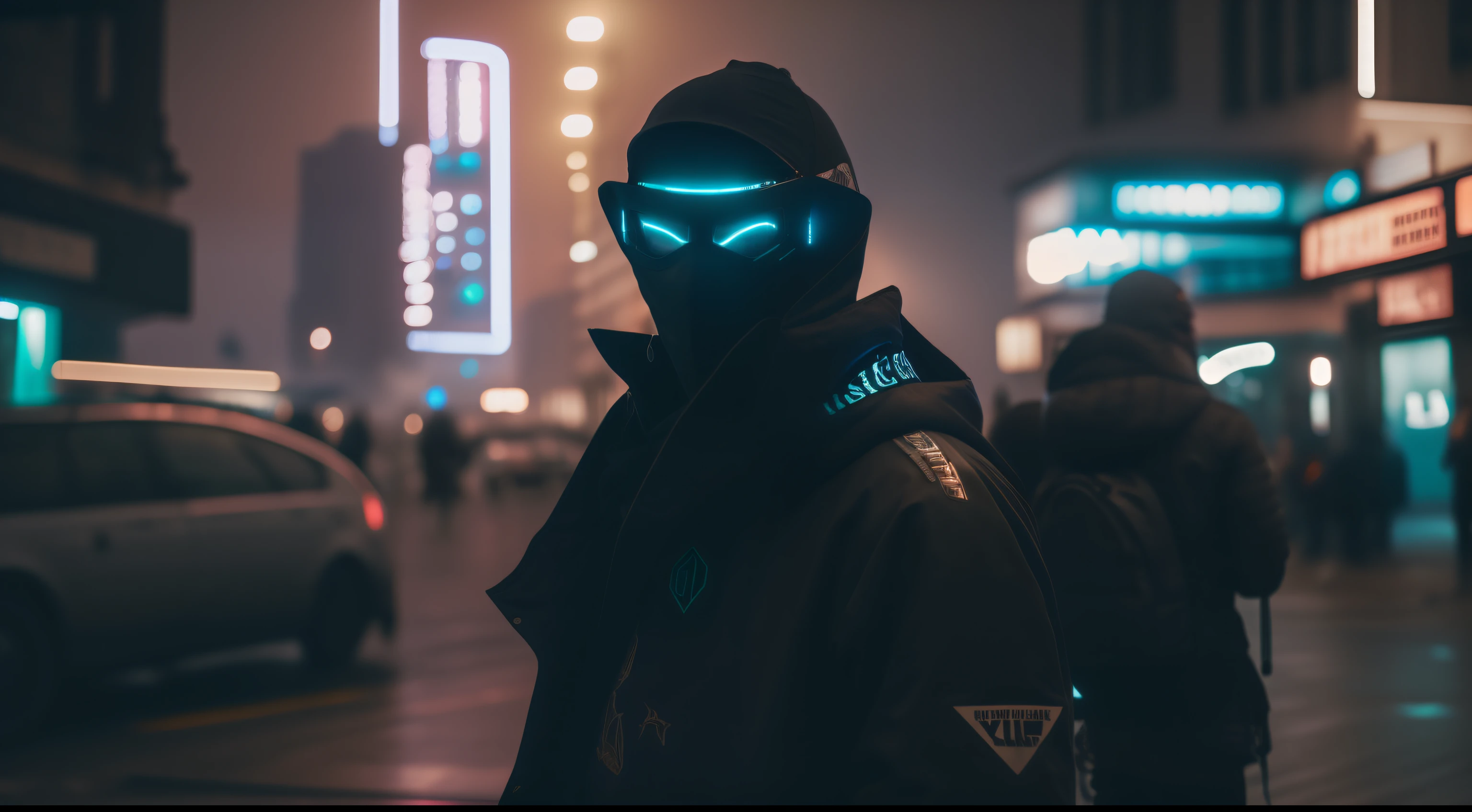 There is a man wearing a mask and jacket on a street, usando streetwear cyberpunk, Cyberpunk Rua Goon, Cyberpunk Streetwear, estilo cyberpunk silenciado, Foto cyberpunk, vibe cyberpunk, estilo cyberpunk hiper-realista, cyberpunk vestindo, Techwear Cyberpunk, cyberpunk with neon lighting, dystopian sci-fi character, tem estilo cyberpunk, no estilo cyberpunk, cara cyberpunk, olhos brilhantes no capacete