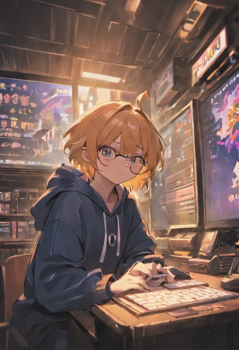 Cat-eared boy,with fair skin,black-frame glasses,Hooded sweatshirt,Hold the white rabbit in your arms,Sit in front of the computer and play games