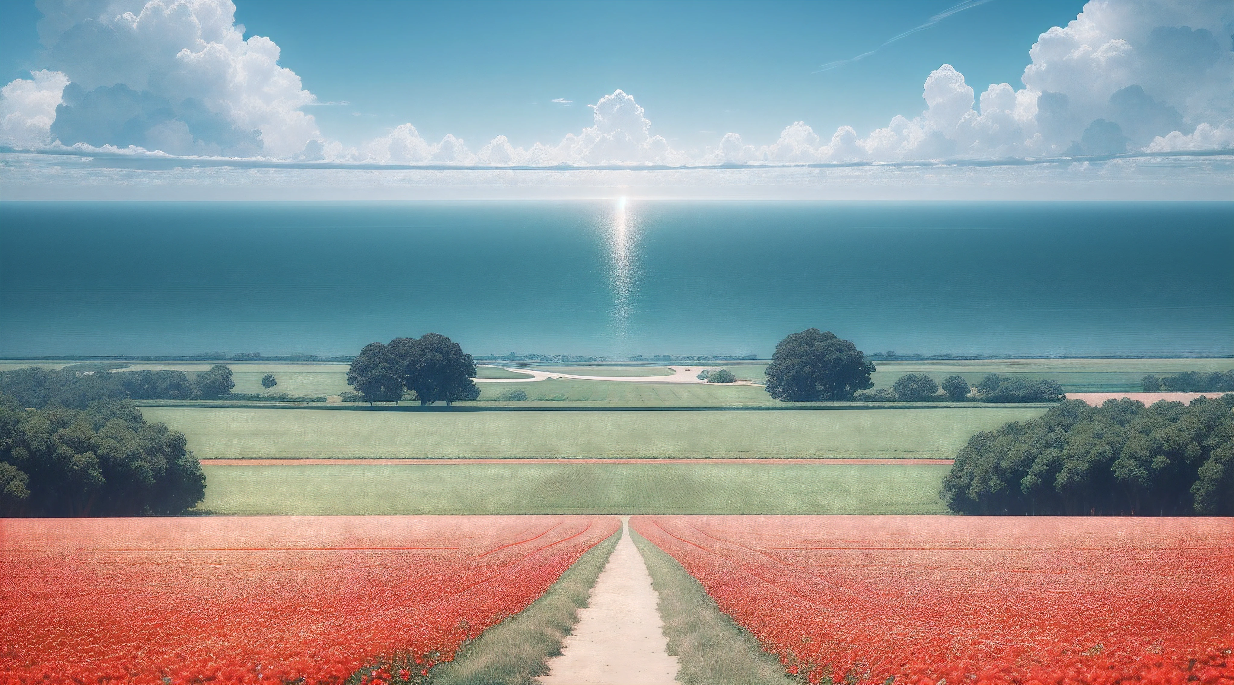 (no humans in sight), (scenic wonder), (vanishing point perspective), (absolutely a masterpiece), (mind-blowing 8K resolution), (sunlit summer afternoon), (azure sky with not a cloud out of place), (mesmerizing depth of field), (extreme attention to detail), (sharp focus on every element), (water's surface glistening), (tranquil and serene), (Michelangelo's touch evident), (a field of roses as far as the eye can see), (cloud formations adding dimension), (a sense of peace and tranquility), (colors rendered with remarkable realism)