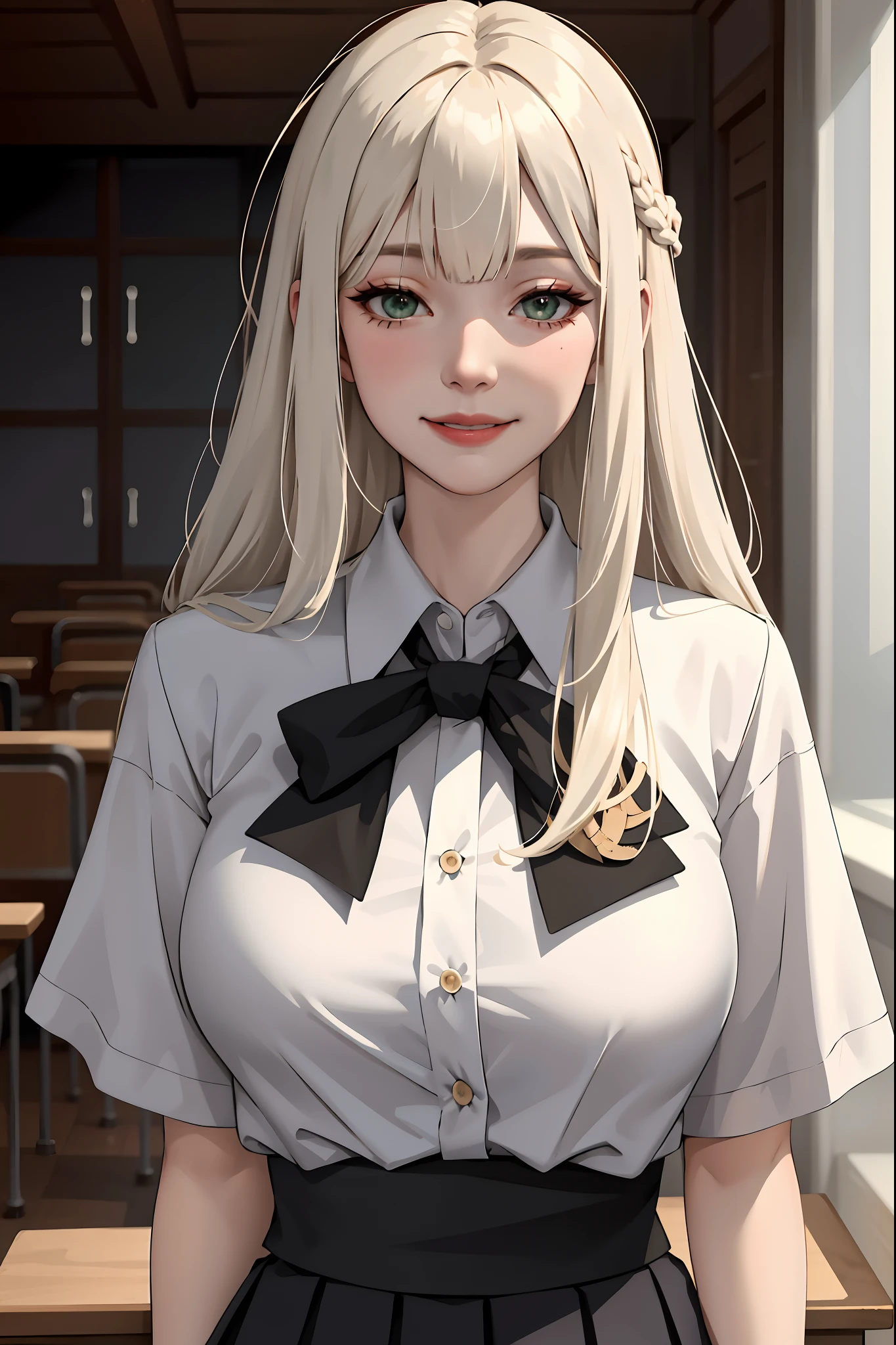(masterpiece:1.2, best quality), (real picture, intricate details), 1lady, solo, upper body, long hair, light makeup, natural fabrics, close-up face, happy, smile, blushing, really long light platinum blonde hair, platinum blonde voluminous hair, cute bangs, hair bangs, bangs between eyes, soft bangs on forehead, green eyes, mature face, 1female, 1woman, 1beautiful girl, big tits, big breasts, school uniform, school t-shirt, school skirt, pleated skirt