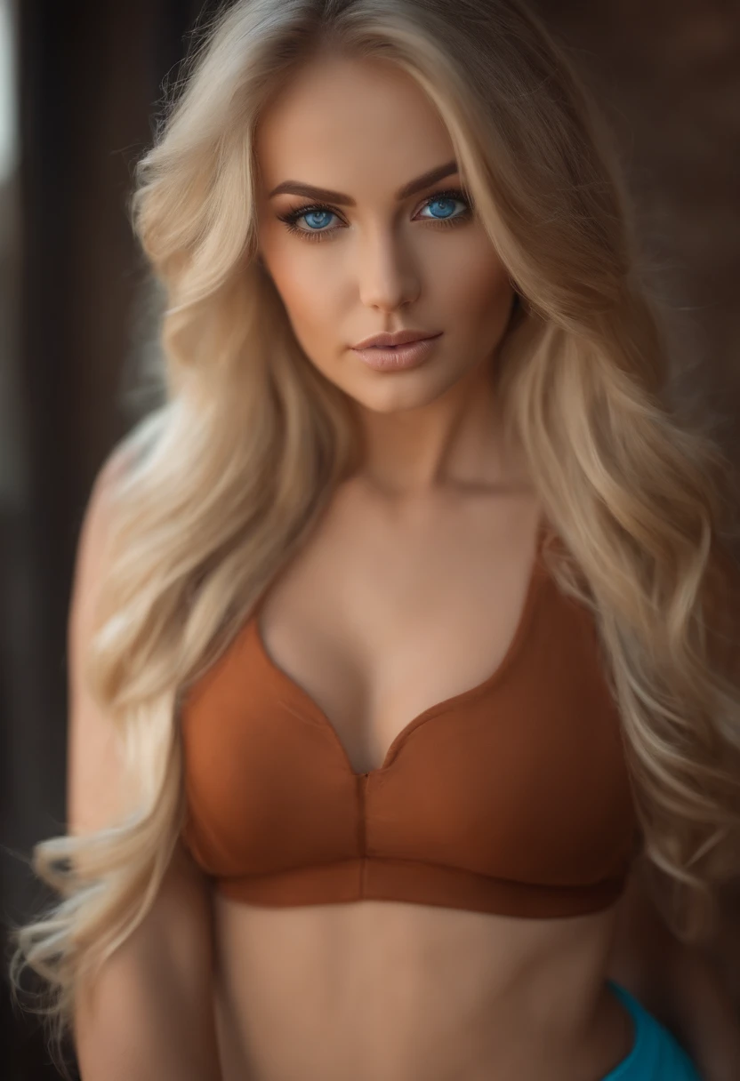 sexy girl with blue eyes, ultra realistic, blonde hair, large eyes, 25 years old, make up, stunning body, hot body, sport bra and leggins,