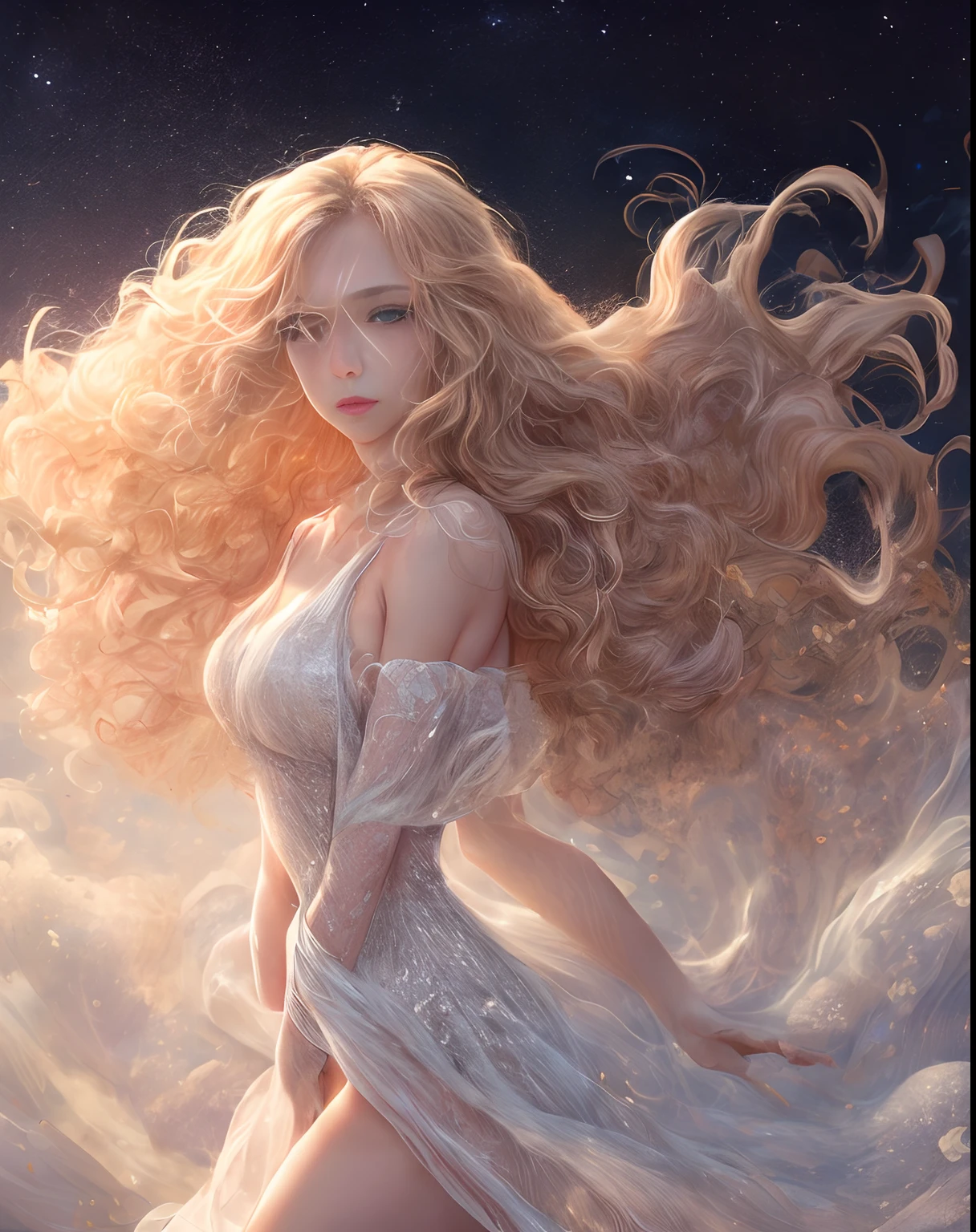 (best quality, masterpiece), young woman, pose, particle, wind, flower, upper body, simple background, looking at viewer, long curly windblown blonde hair, galaxy,backlit,rimlight,beautiful artwork,perfect composition