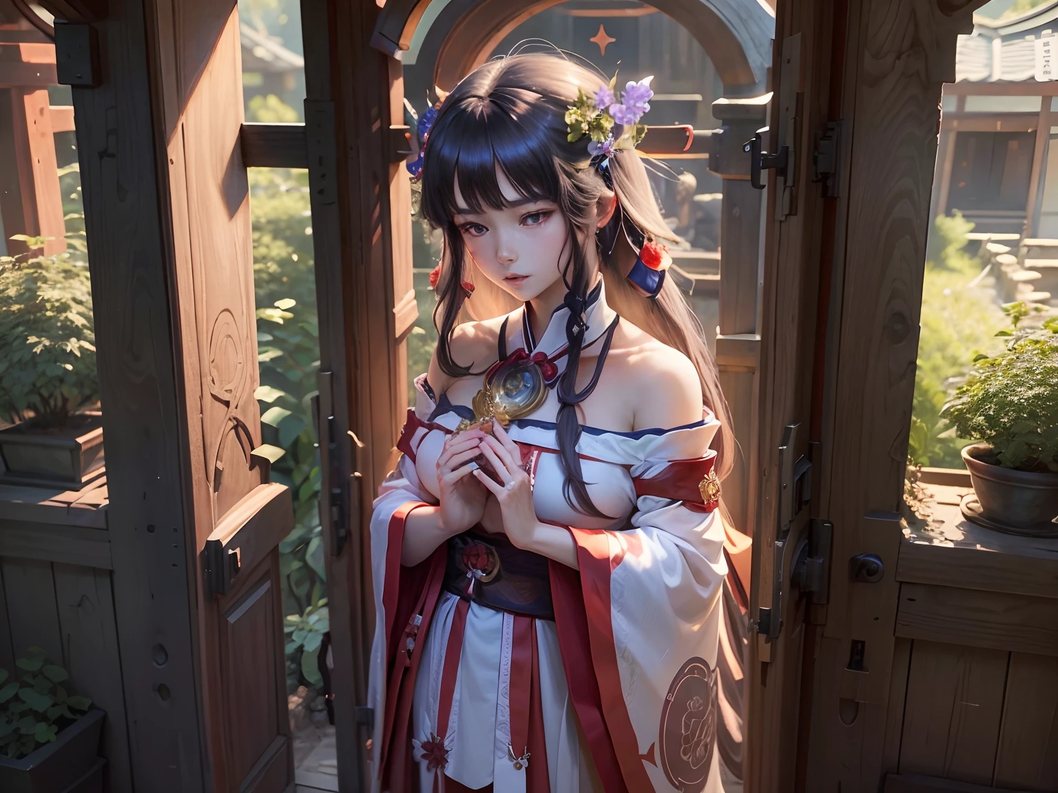 ancientry、Communing with God((Beautiful fece))shrine maiden、❴Beautuful Women❵、Beautiful depiction、❴Ultimate Beauty❵、mystical、Detailed composition、masterpiece、high-level image quality