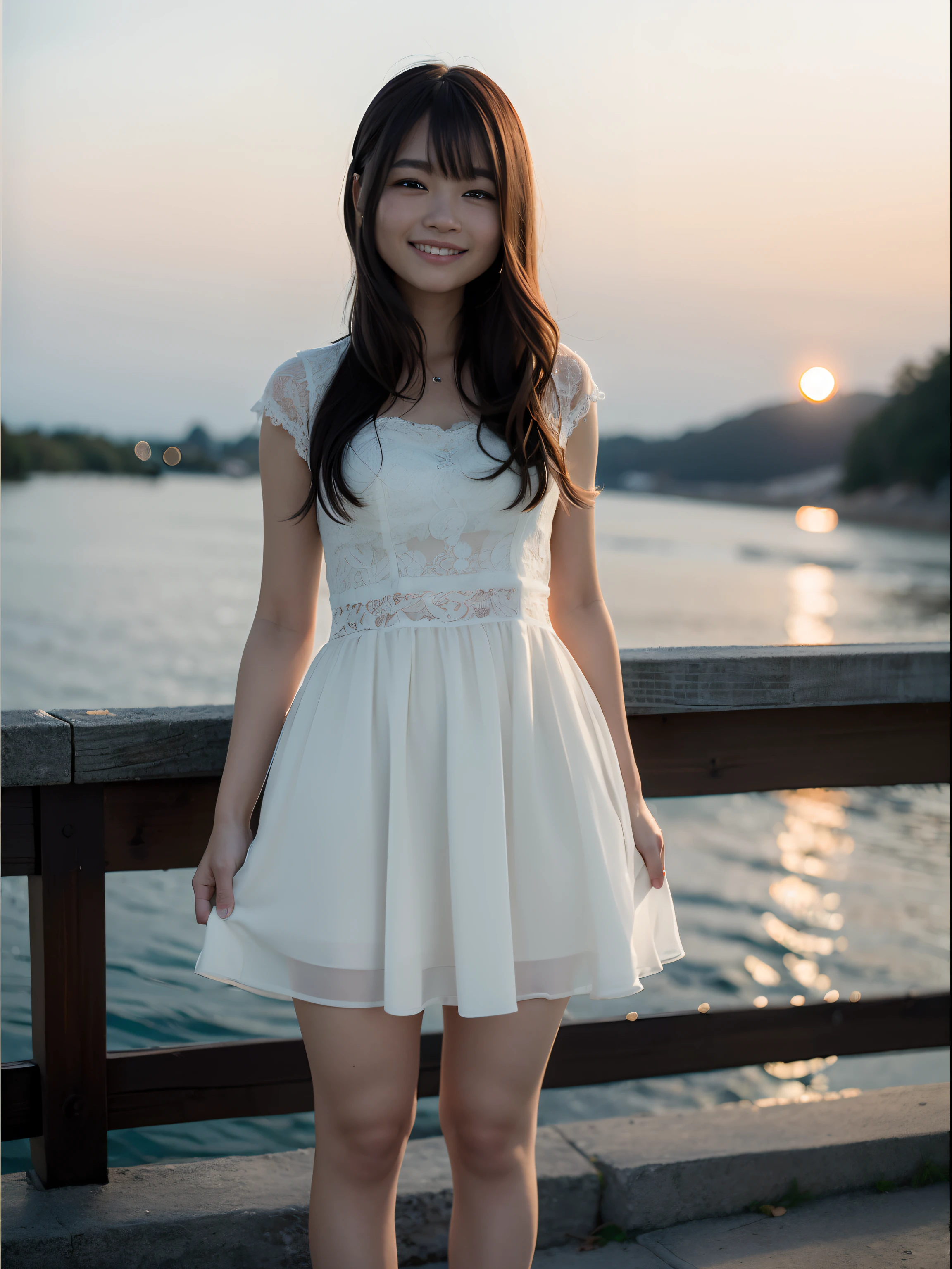(8K、top-quality、​masterpiece:1.2)、(realisitic、Photorealsitic:1.37)、ultra-detailliert、1 girl in、独奏、cute little、Beautiful detailed sky、(A smile:1.2)、(a smirk)、beatiful detailed eyes、floting hair,(校服:1),Stockings,full body Esbian,Street,Thin、Happy smile、Orange sunset、((top-quality、8k、​masterpiece:1.3))、foco nítido:1.2、
Highly detailed facial and skin texture、  A detailed eye、二重まぶた、skin tanned、