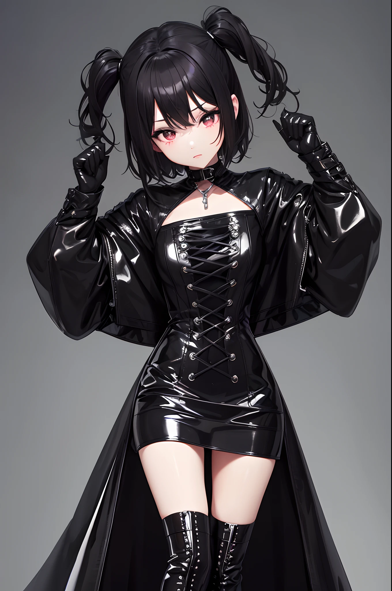 Black latex, Gothic dress in fluffy, Wearing black latex gloves, Cute Japan girl face, slender, A dark-haired, Wear lace-up boots, Sanpaku eyes