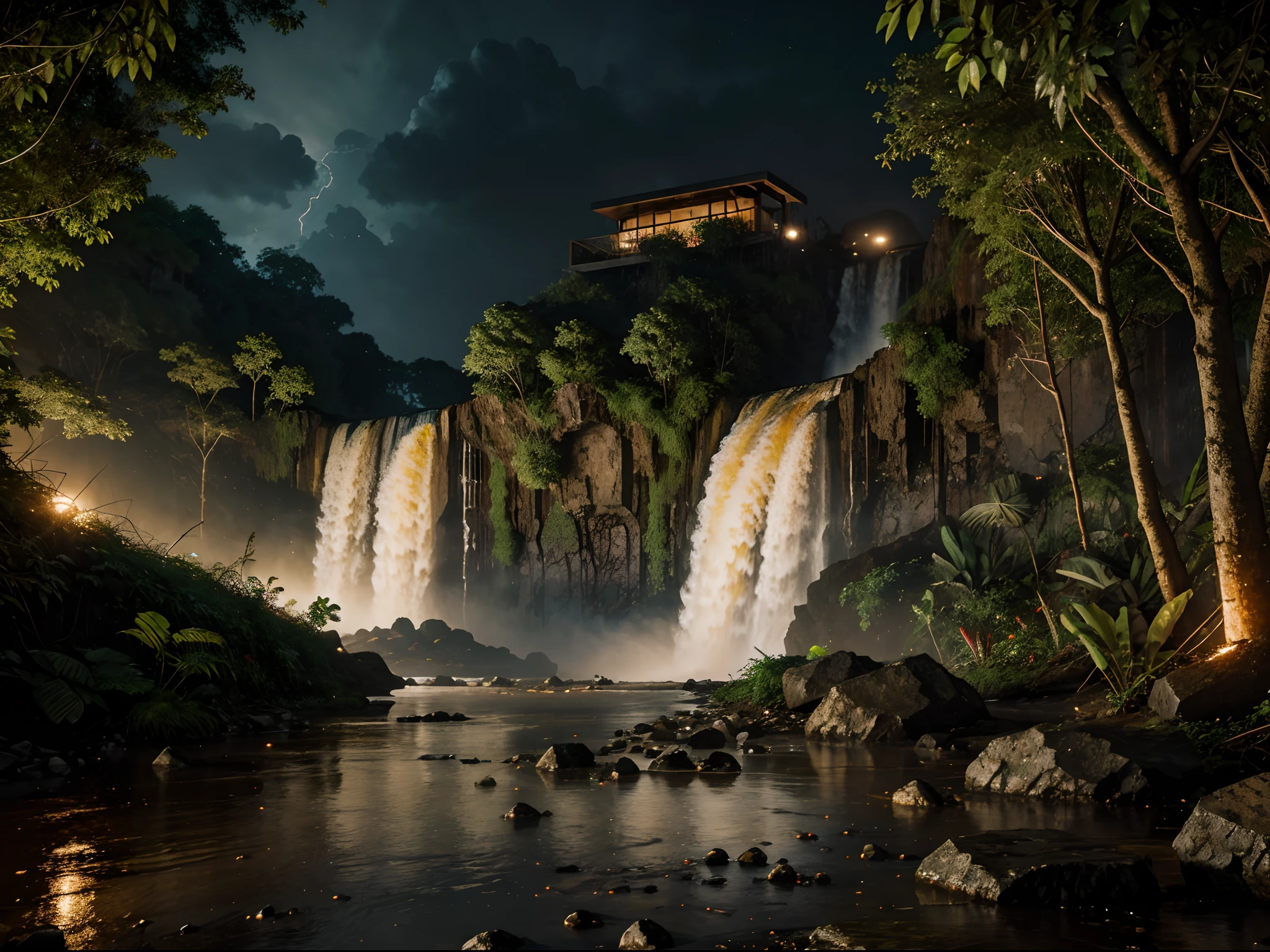 Hyper realistic photograph of a mars jungle, massive waterfalls, rain, subtile lights, bar, 64k, masterpiece