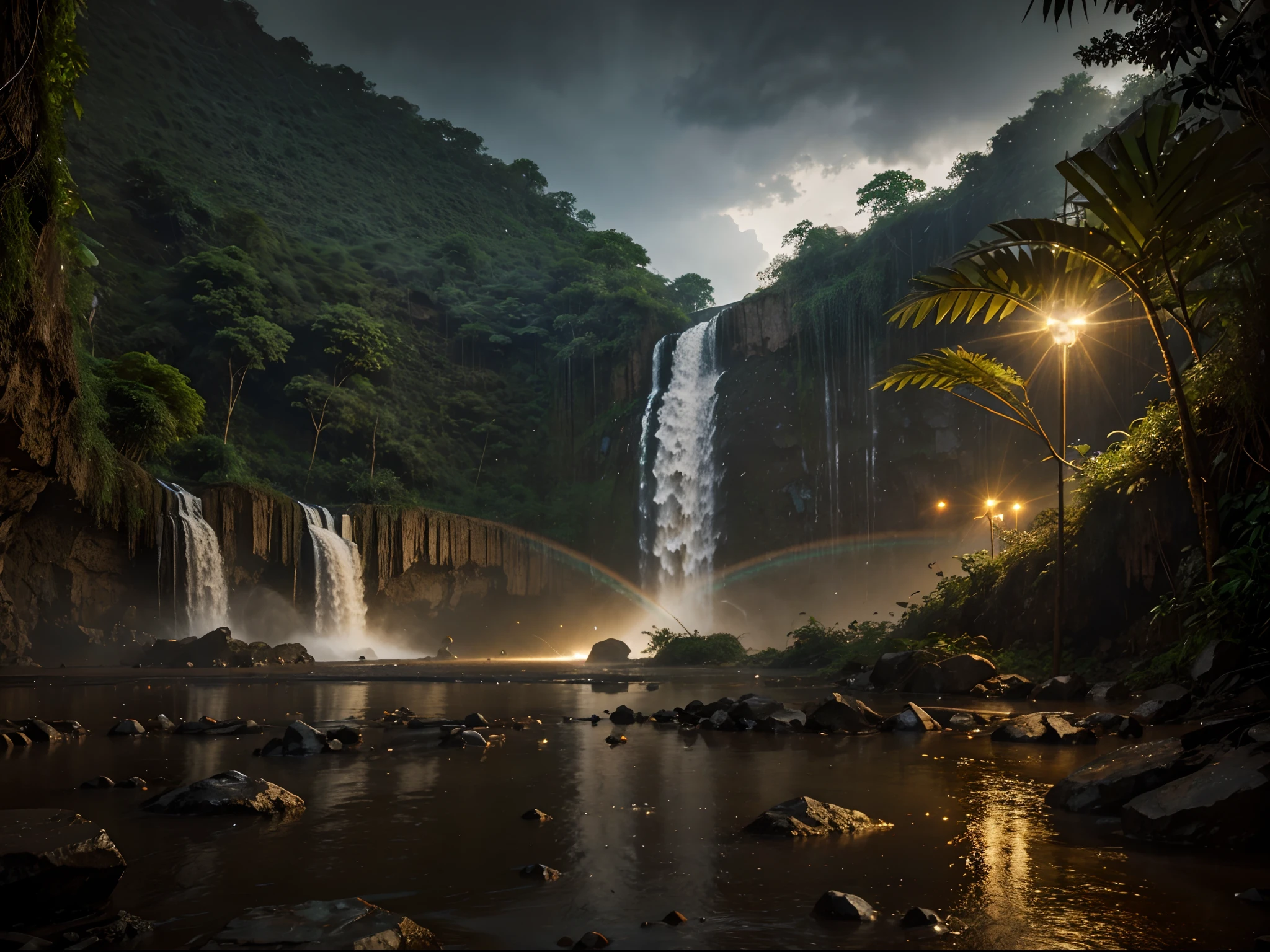 Hyper realistic photograph of a mars jungle, massive waterfalls, rain, subtile lights, bar, 64k, masterpiece