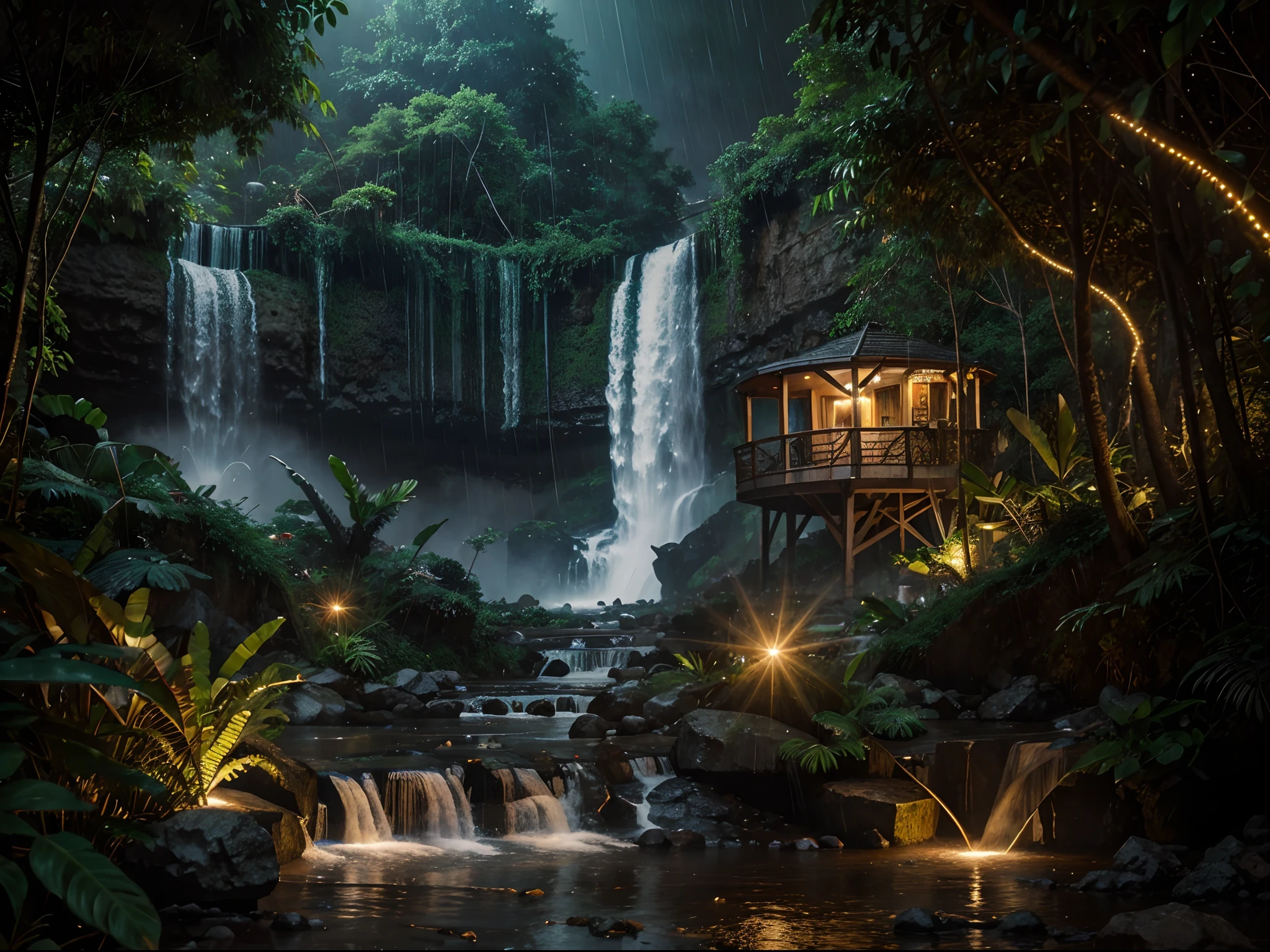 Hyper realistic photograph of a mars jungle, massive waterfalls, rain, subtile lights, bar, 64k, masterpiece