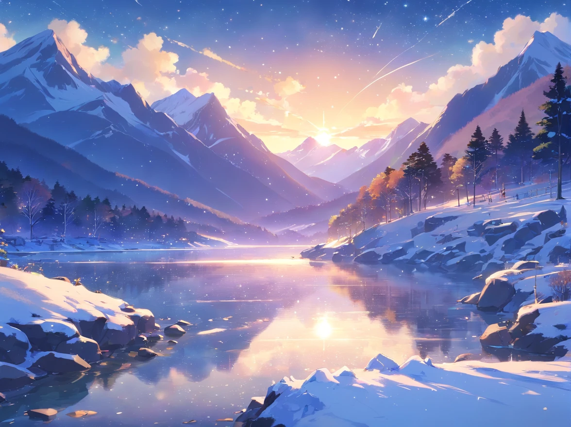 {{{masterpiece}}}, {{the best quality, super fine illustrations, beautiful and delicate water}}, {{very delicate light}}, {{nature, painting}}, {{fine lighting, more transparent stars, high-quality snowflakes, high-quality mountains, very fine 8KCG wallpapers}}, (plateau), (((snow mountain))), sunrise, randomly distributed clouds, (snow field), cliff, ((rotating star sky)), ((lake in mountain stream)), luminous particles