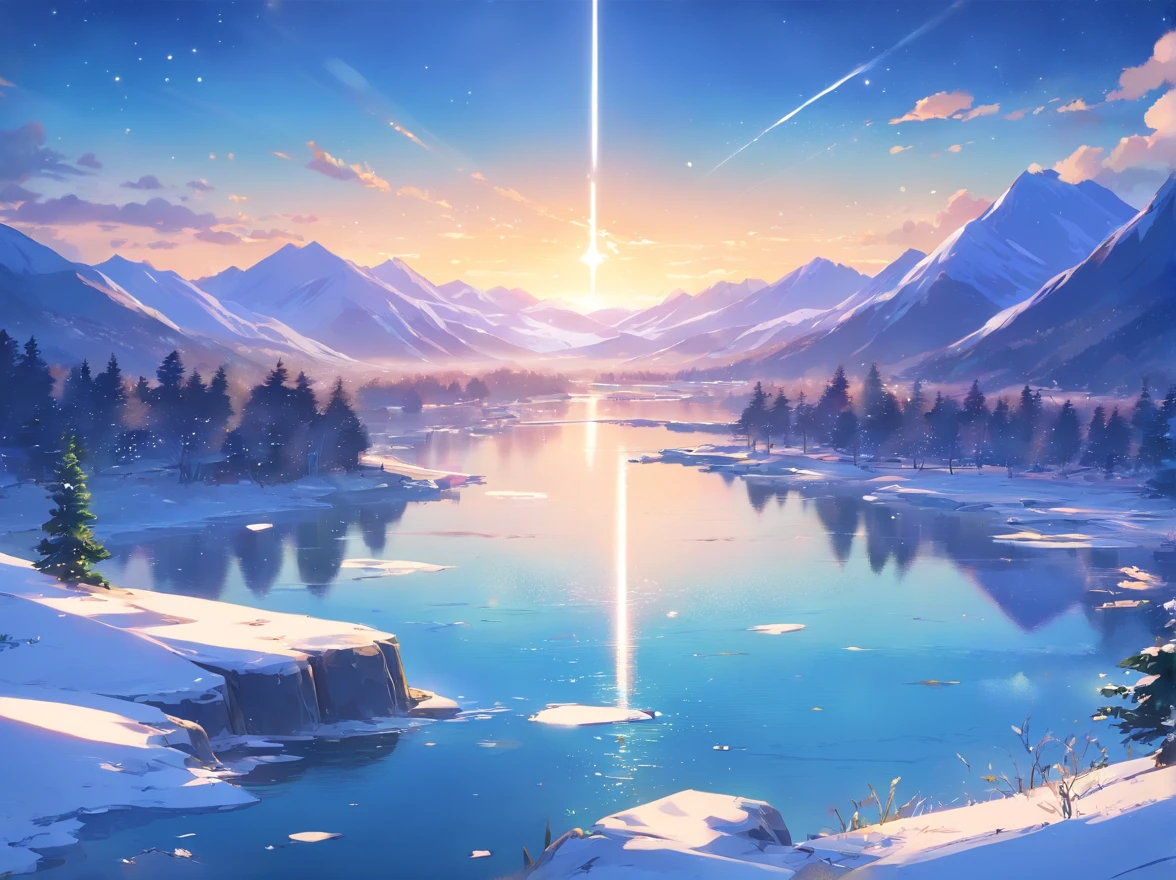 {{{masterpiece}}}, {{the best quality, super fine illustrations, beautiful and delicate water}}, {{very delicate light}}, {{nature, painting}}, {{fine lighting, more transparent stars, high-quality snowflakes, high-quality mountains, very fine 8KCG wallpapers}}, (plateau), (((snow mountain))), sunrise, randomly distributed clouds, (snow field), cliff, ((rotating star sky)), ((lake in mountain stream)), luminous particles
