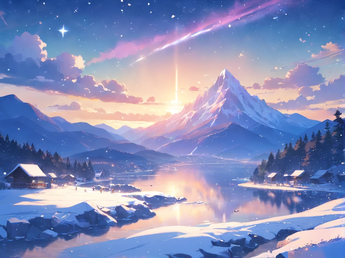 {{{masterpiece}}}, {{the best quality, super fine illustrations, beautiful and delicate water}}, {{very delicate light}}, {{nature, painting}}, {{fine lighting, more transparent stars, high-quality snowflakes, high-quality mountains, very fine 8KCG wallpapers}}, (plateau), (((snow mountain))), sunrise, randomly distributed clouds, (snow field), cliff, ((rotating star sky)), ((lake in mountain stream)), luminous particles