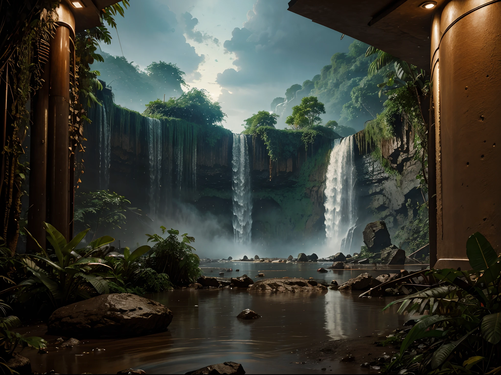 Hyper realistic photograph of a mars jungle, massive waterfalls, rain, subtile lights, bar, 64k, masterpiece