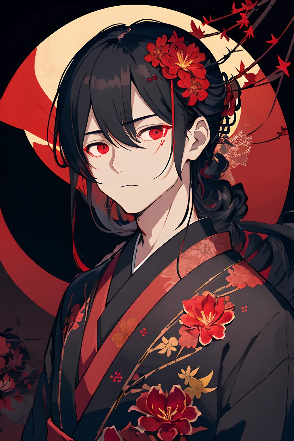 1 atractivo hombre, flores higanbana de fondo, Night Background with Japanese Red Flowers Lily of Death Lily Spider Red Lights Stars Handsome Boy Adult Black Hair, Dark illustration with lights, flores de la muerte higanbana, fondo simple