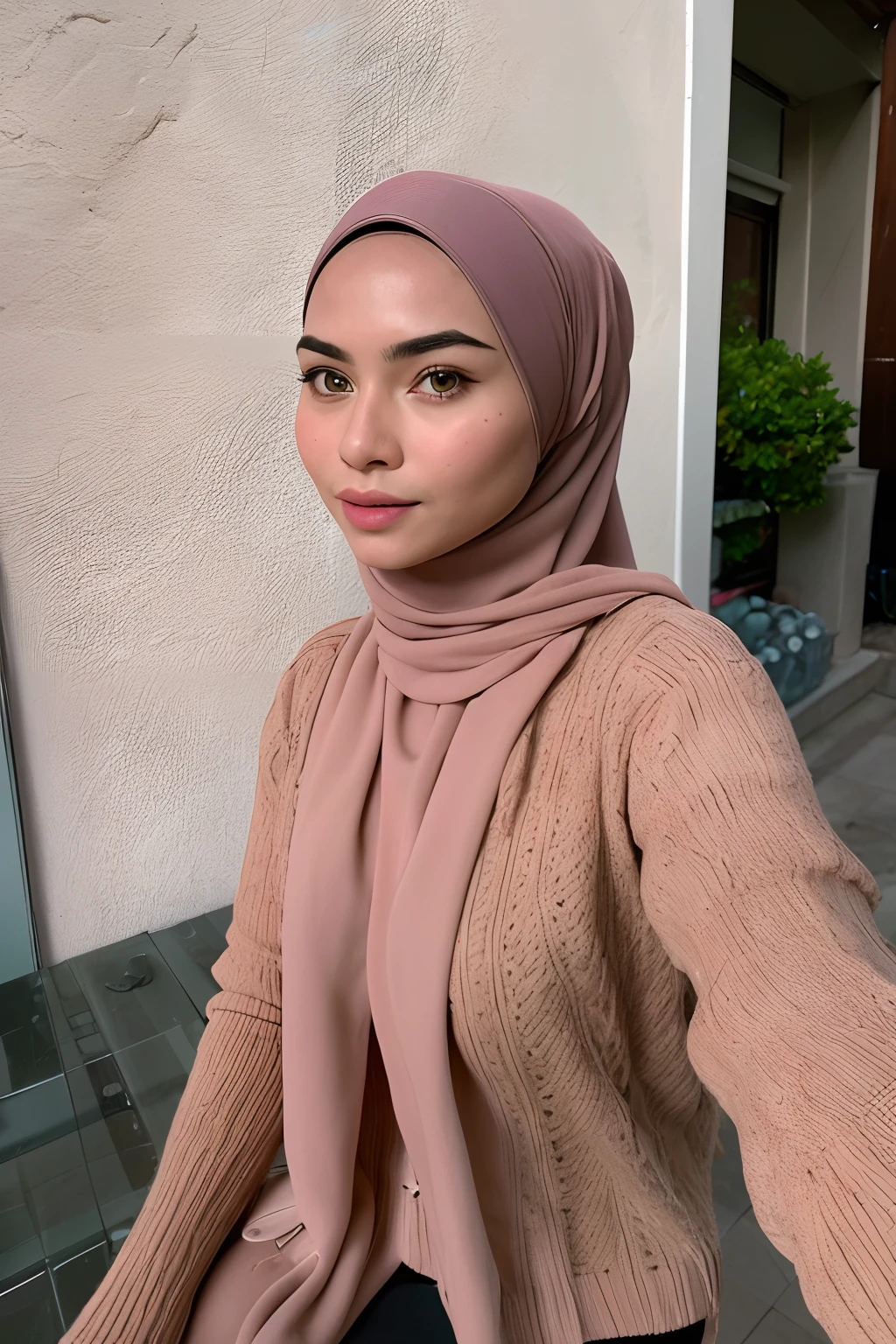 Malay girl in hijab, best quality, masterpiece, ultra high res, (photorealistic:1.8), detailed skin, cleavage, (big breasts:1), sweatpants,