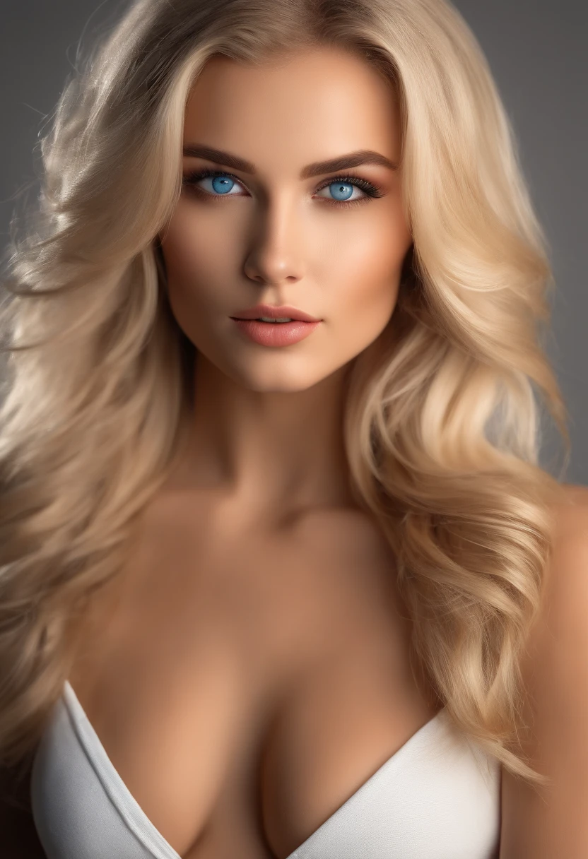 sexy girl with blue eyes, ultra realistic, blonde hair, large eyes, 25 years old, make up, stunning body, hot body, white crop top, mini skirt, medium to big breast
