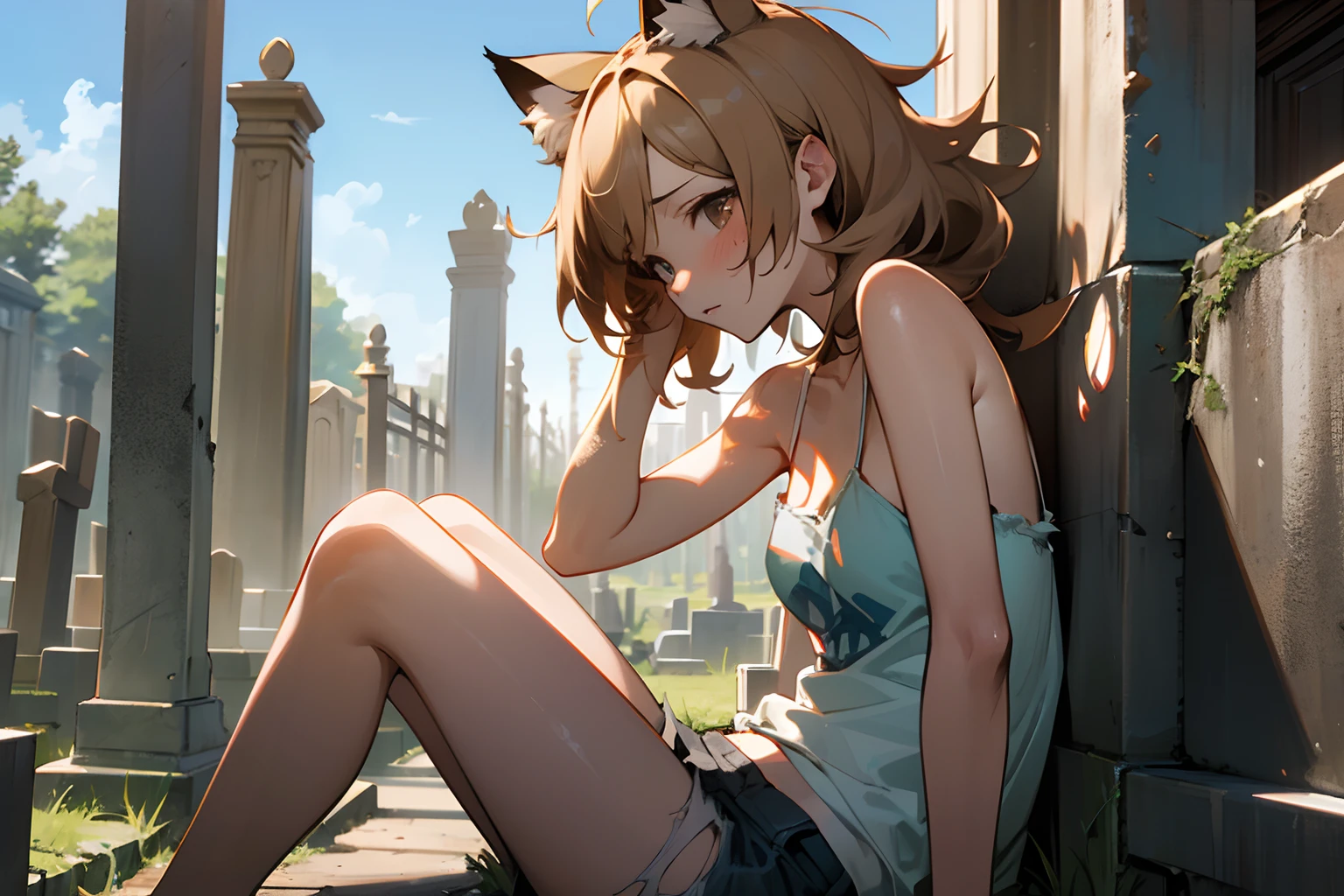 ((masutepiece)), (Professional Photography:1.2), (High Definition:1.3), Best Quality, 8K, From side, Wide Shot, Textured skin, Cinematic lighting, Cute age Beautiful girl (very messy hair), (exposed breast, badly tattered and torn dirty white-camisole), Short stature, Slender and small breasts, (praying for you), sit on the Old tombstone, slum townscape, cat ears, pale brown hair, Large cemetery, blue sky