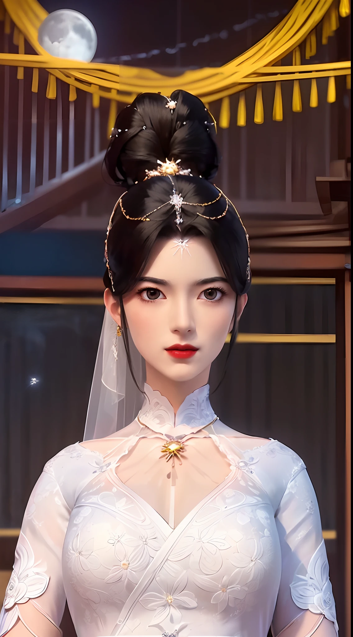 1 extremely beautiful bride, ((wearing a crimson antique wedding dress:1.6)), ((Phoenix motif on wedding dress:1.6)), ((long black hair:1.6)), jewelry elaborately made from precious stones and beautiful hair, ((wearing a 24k gold lace necklace:1.4))), the noble, noble style of an extremely beautiful girl, her small face is super cute, her face is very pretty, thin eyebrows, flawless beautiful face, ((black eye pupils: 0.8)), very beautiful eyes, ((yellow brown eyes: 1.6)), (((big round eyes:1.6))), nice makeup and hair detailed eyelashes, steamy eye makeup, high nose, earrings, red lips, ((closed mouth: 1.5)) beautiful lips, slim hands, most beautiful thighs, ((arms spread out to the sides: 1.5)), rosy face, clean face, flawless beautiful face, smooth white skin, (big breasts: 1.5)), ((high breasts: 1.6)), tight breasts, beautiful cleavage, (((big breasts and super round: 1.8))), ((super tight breasts: 1.7)) , beautiful breasts, perfect body, back arms, chest out, thin black mesh stockings with black lace trim, 8k photo, super high quality, super realistic, super 10x pixels, optical, bright studio, bright edges, dual-tone lighting, (high-detail skin:1.2), super 8k, soft lighting, high quality, volumetric lighting, photorealistic, photorealistic high resolution, lighting, best photo, 4k, 8k quality, blur effect, smooth sharp, 10 x pixel, ((sea and moonlight at night background:1.5)), aurora, lightning, super graphics realistic, most realistic graphics, 1 girl, alone, solo, Extremely sharp image, surreal, (((frontal portrait: 1.5)))."