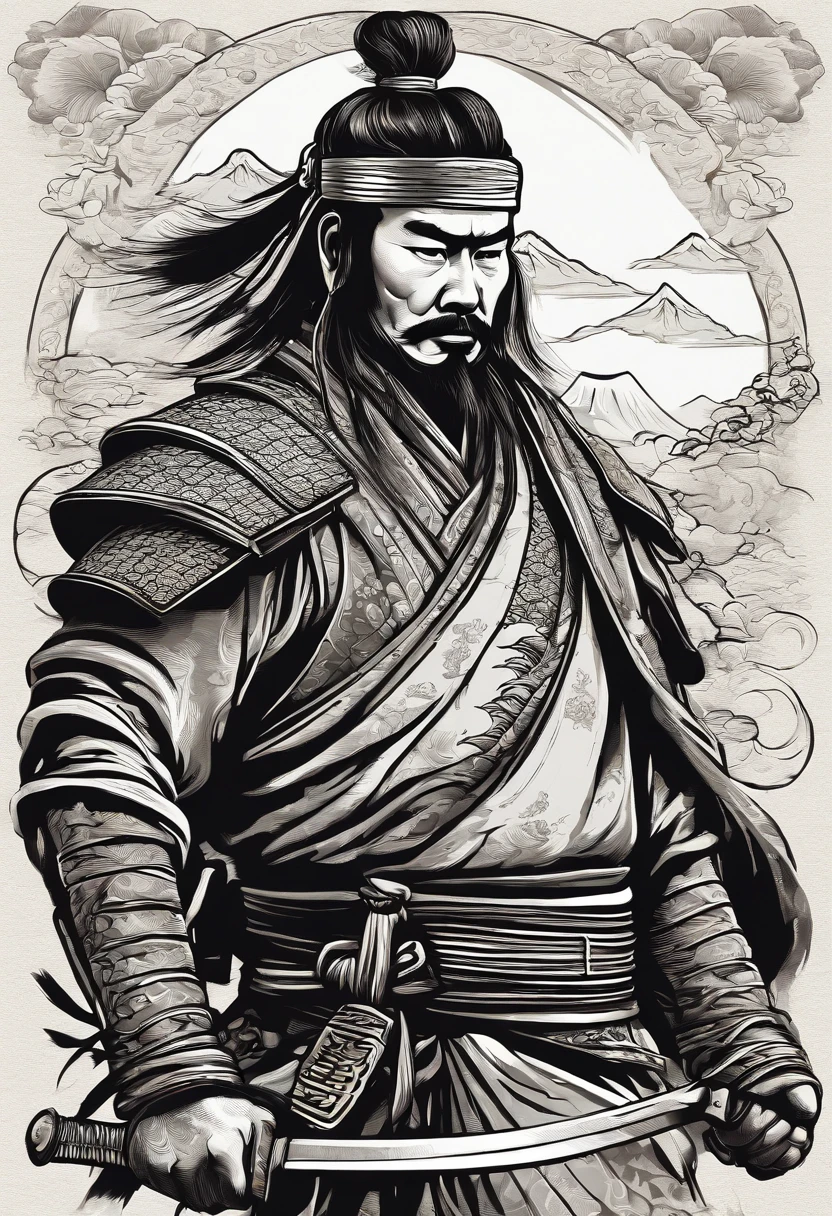 japanese samurai vector t-shirt print, detailed sticker style, tattoo style color drawing, white background, Mist, clouds Chinese patterns.