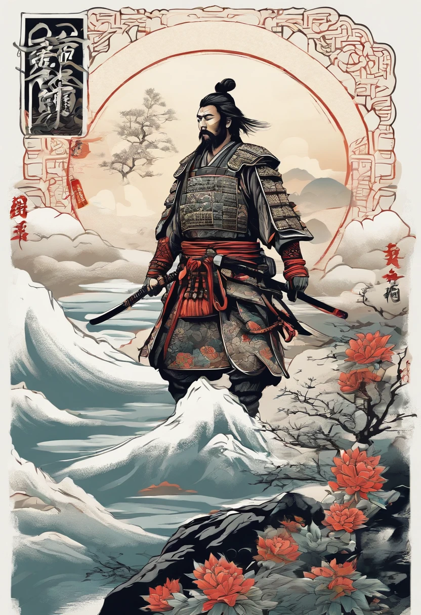japanese samurai vector t-shirt print, detailed sticker style, tattoo style color drawing, white background, Mist, clouds Chinese patterns.
